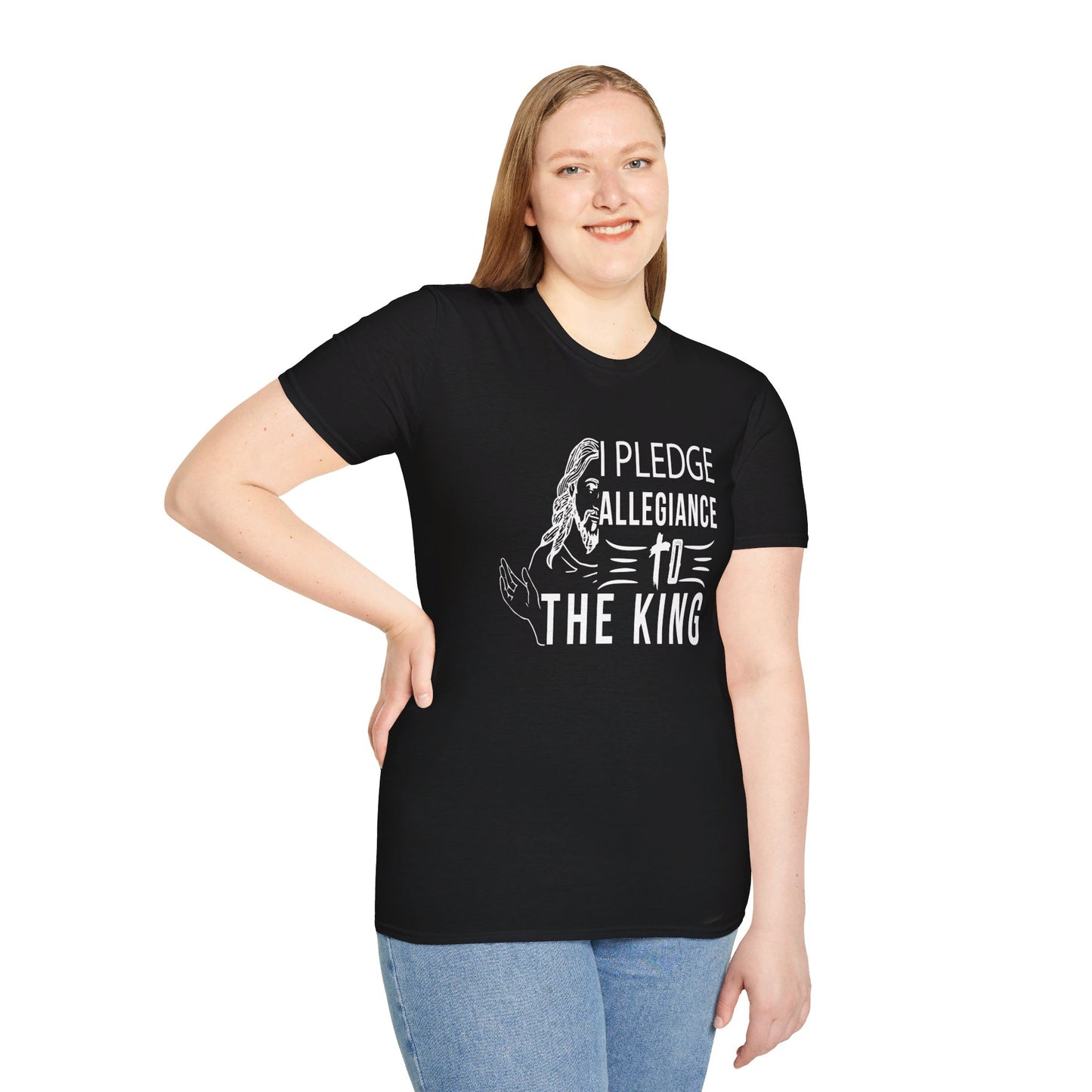 PLEDGE ALLEGIANCE TO THE KING. KING JESUS. Cotton, Short Sleeve, Crew Neck Tee.