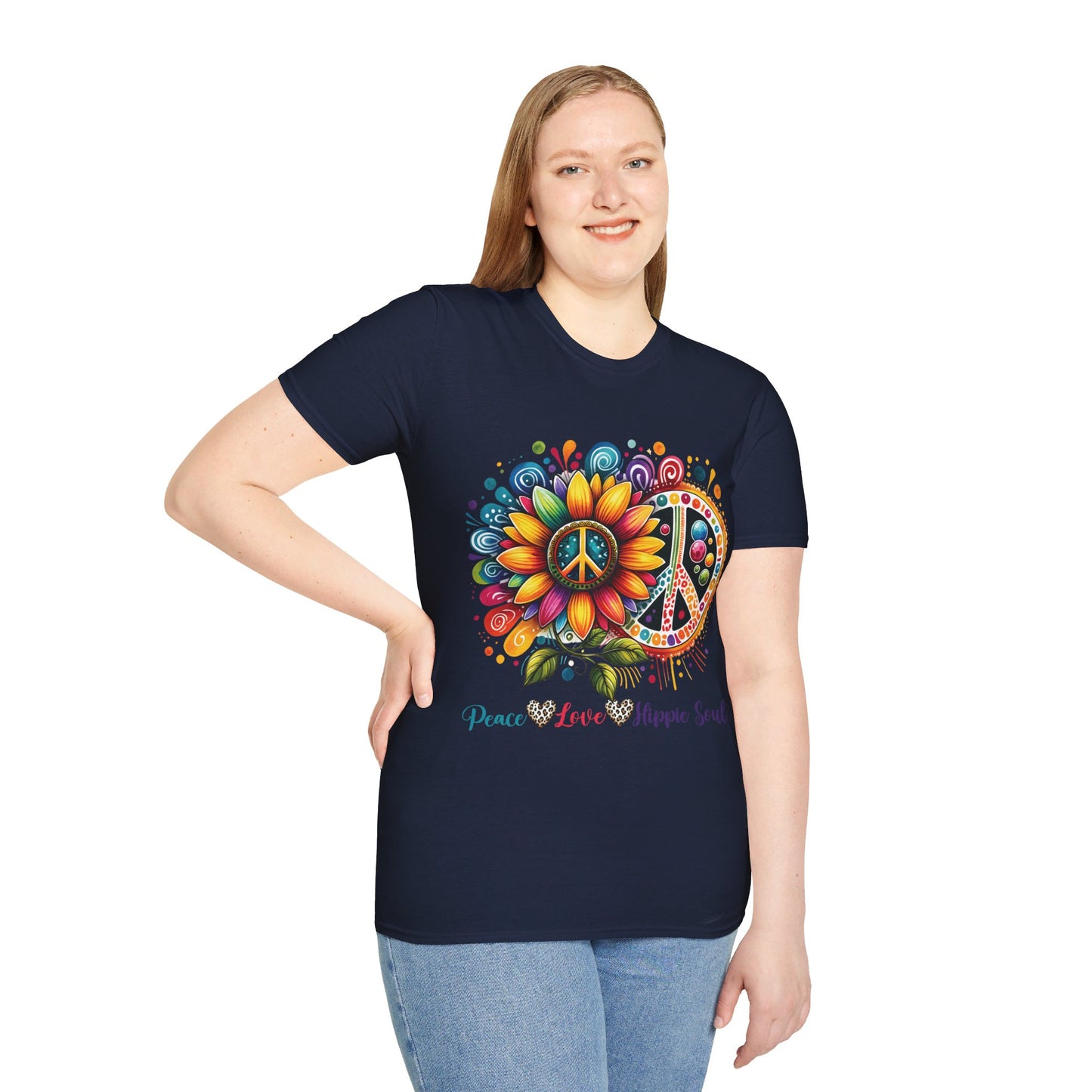 PEACE, LOVE, HIPPIE SOUL. Cotton, Short Sleeve, Crew Neck Tee.