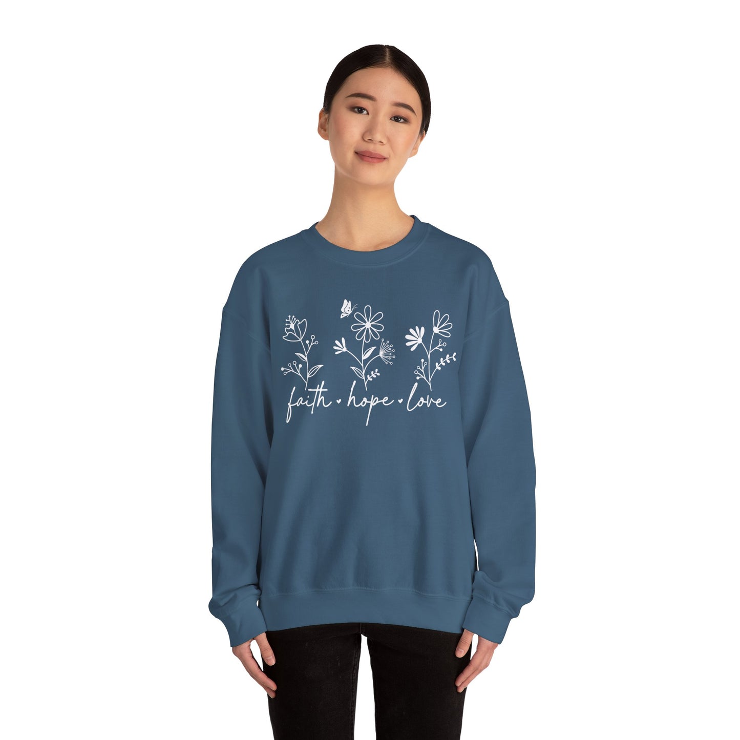 FAITH, HOPE, LOVE, FLOWERS. Unisex Heavy Blend Crewneck Sweatshirt.