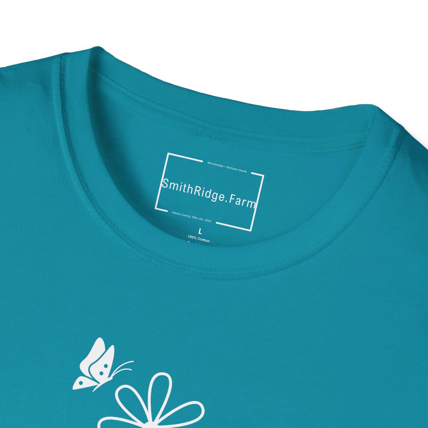 FAITH, HOPE, LOVE, FLOWERS. Cotton, Short Sleeve, Crew Neck Tee in Dark Colors.