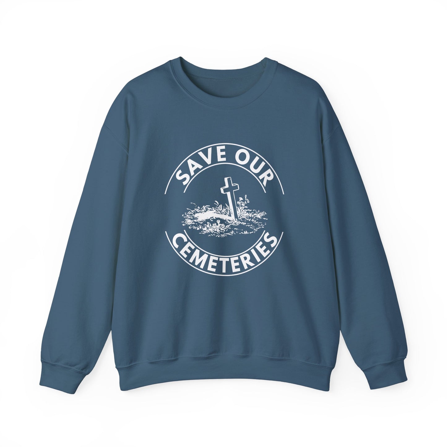 SAVE OUR CEMETERIES. Unisex Heavy Blend Crewneck Sweatshirt in Dark Colors.