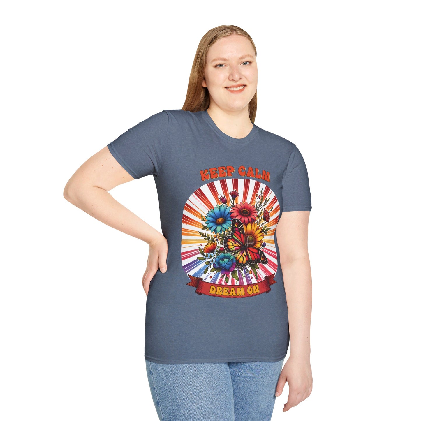 KEEP CALM, DREAM ON. HIPPIE HUMOR. Cotton, Short Sleeve, Crew Neck Tee.