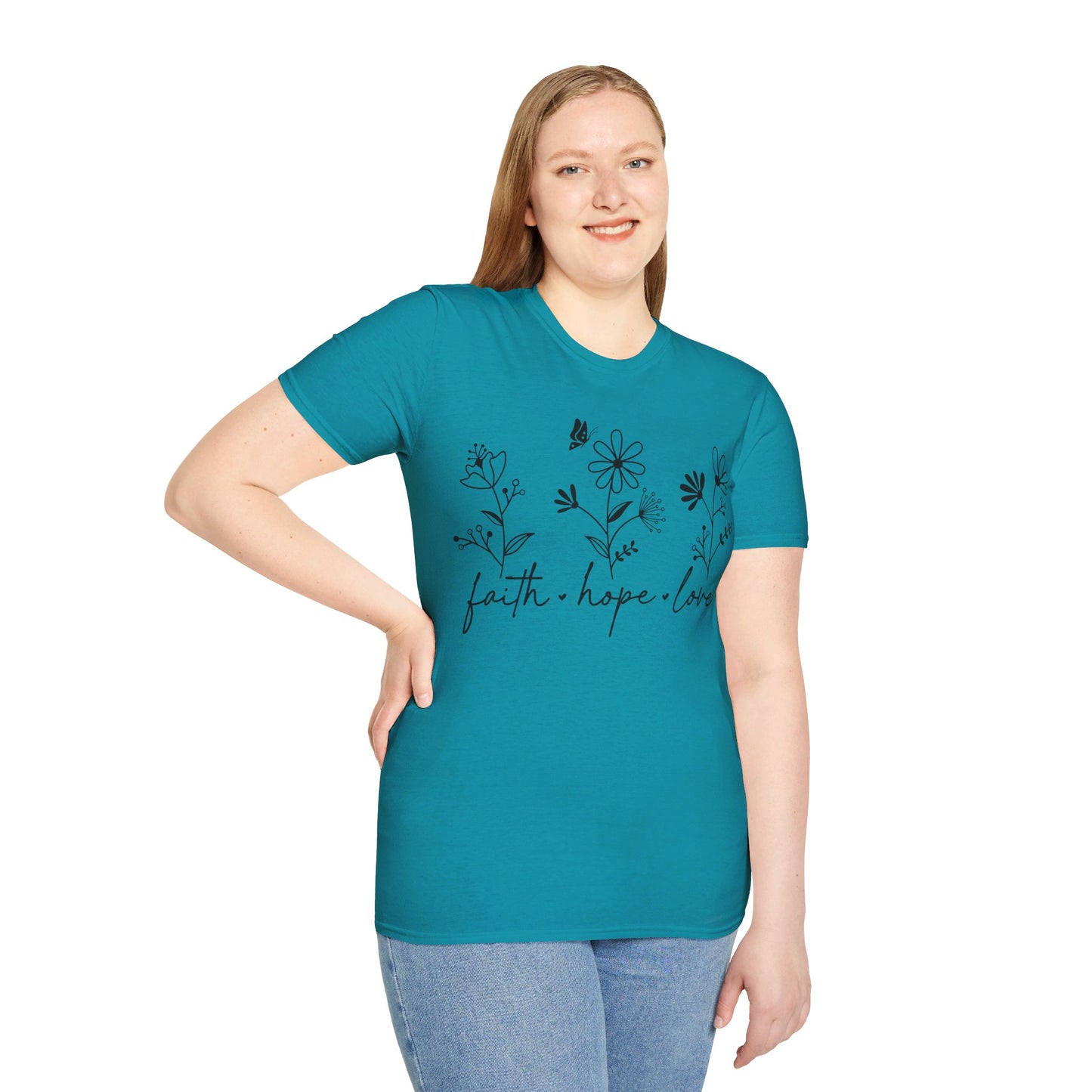 FAITH, HOPE, LOVE, FLOWERS. Cotton, Short Sleeve, Crew Neck Tee in Light Colors.