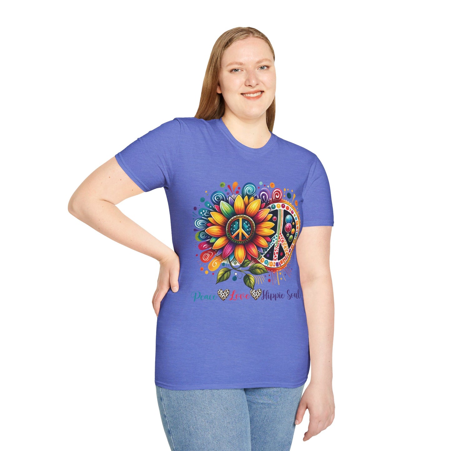 PEACE, LOVE, HIPPIE SOUL. Cotton, Short Sleeve, Crew Neck Tee.