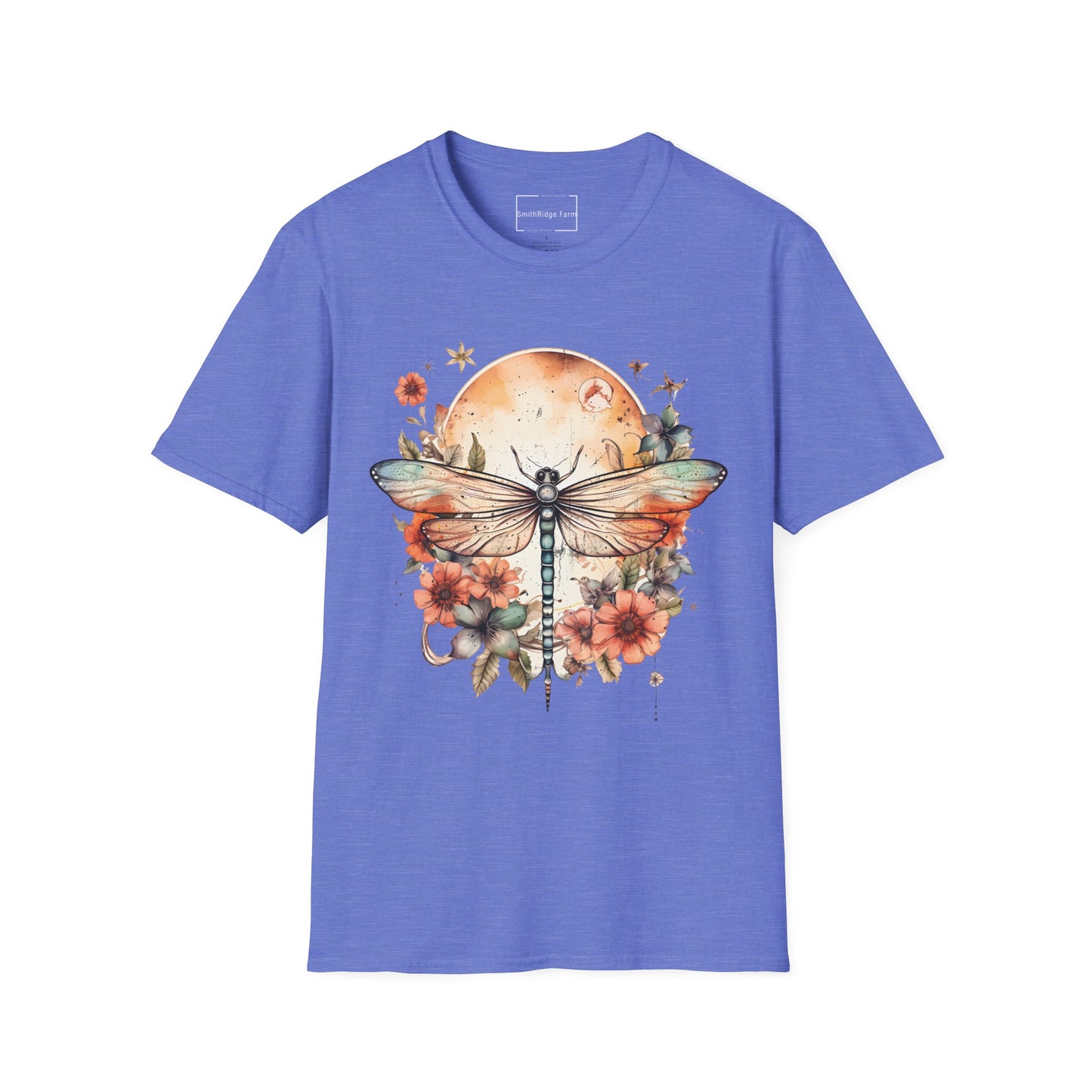 DRAGONFLY WITH FLOWERS. Cotton, Short Sleeve, Crew Neck Tee.