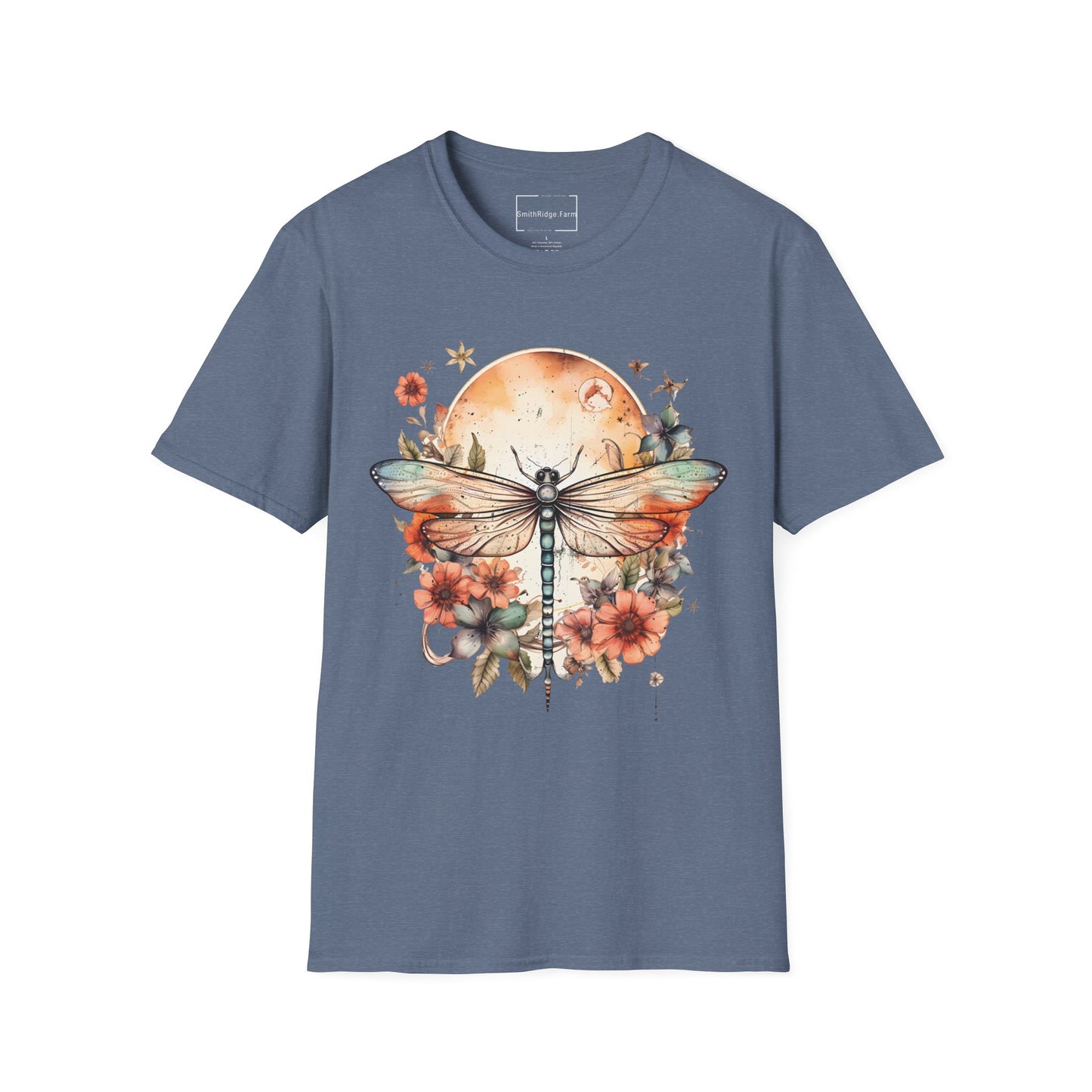 DRAGONFLY WITH FLOWERS. Cotton, Short Sleeve, Crew Neck Tee.