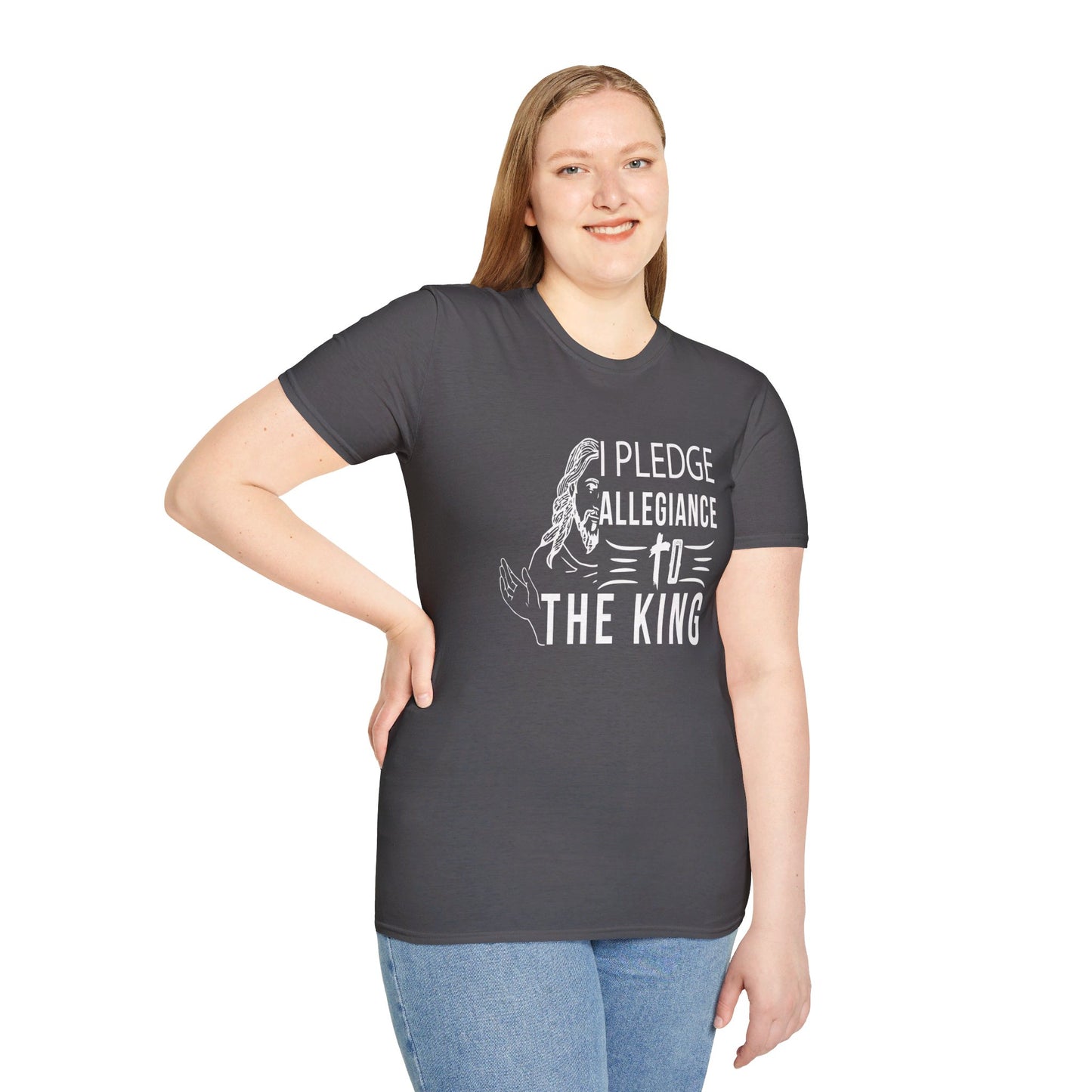 PLEDGE ALLEGIANCE TO THE KING. KING JESUS. Cotton, Short Sleeve, Crew Neck Tee.