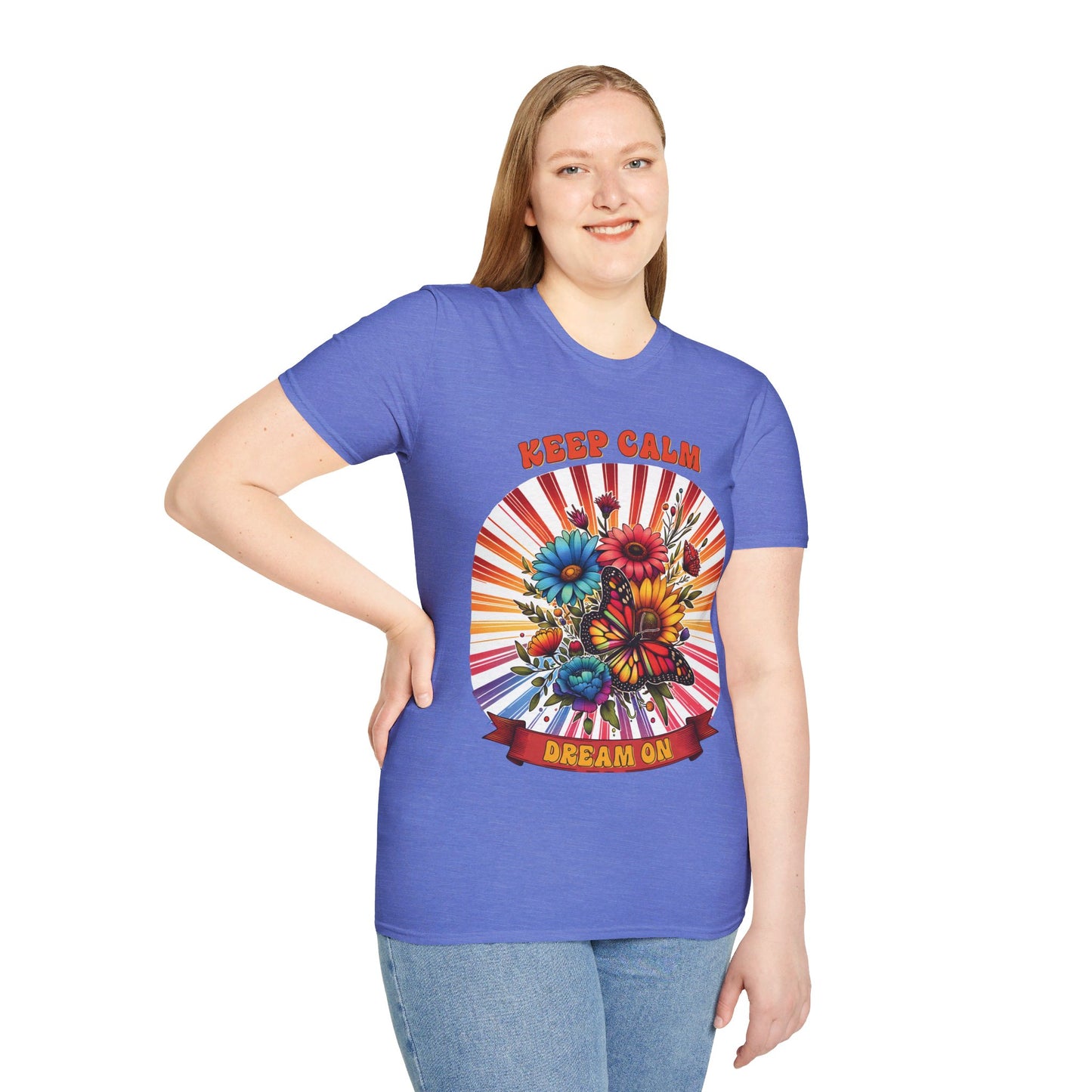 KEEP CALM, DREAM ON. HIPPIE HUMOR. Cotton, Short Sleeve, Crew Neck Tee.