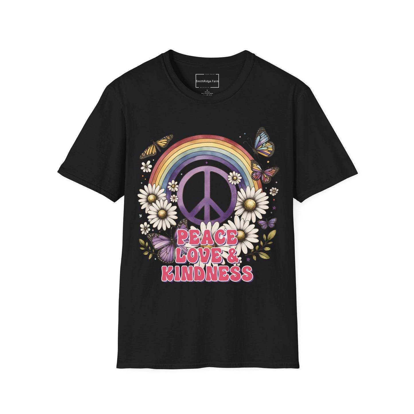 PEACE, LOVE, AND KINDNESS. Cotton, Short Sleeve, Crew Neck Tee.