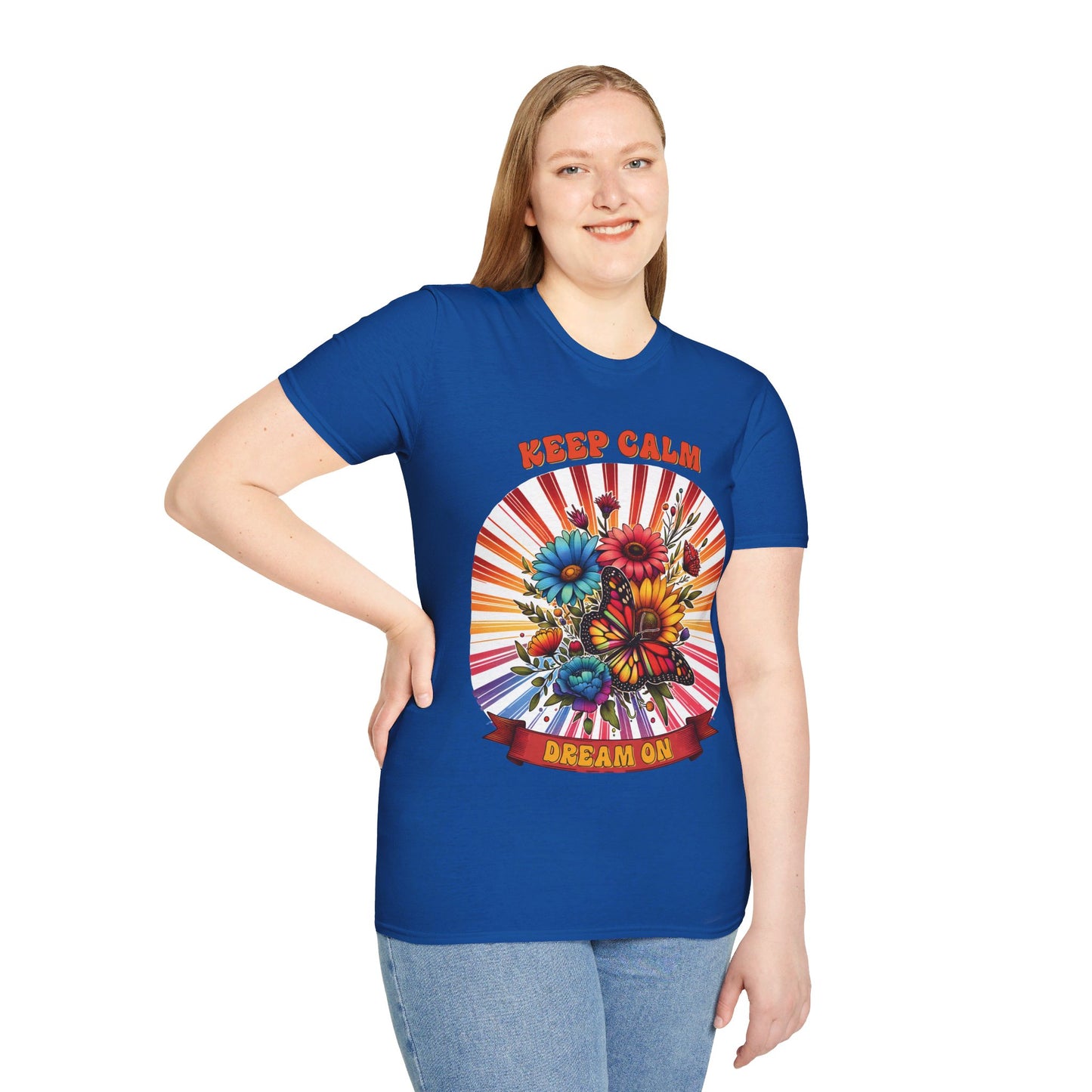 KEEP CALM, DREAM ON. HIPPIE HUMOR. Cotton, Short Sleeve, Crew Neck Tee.
