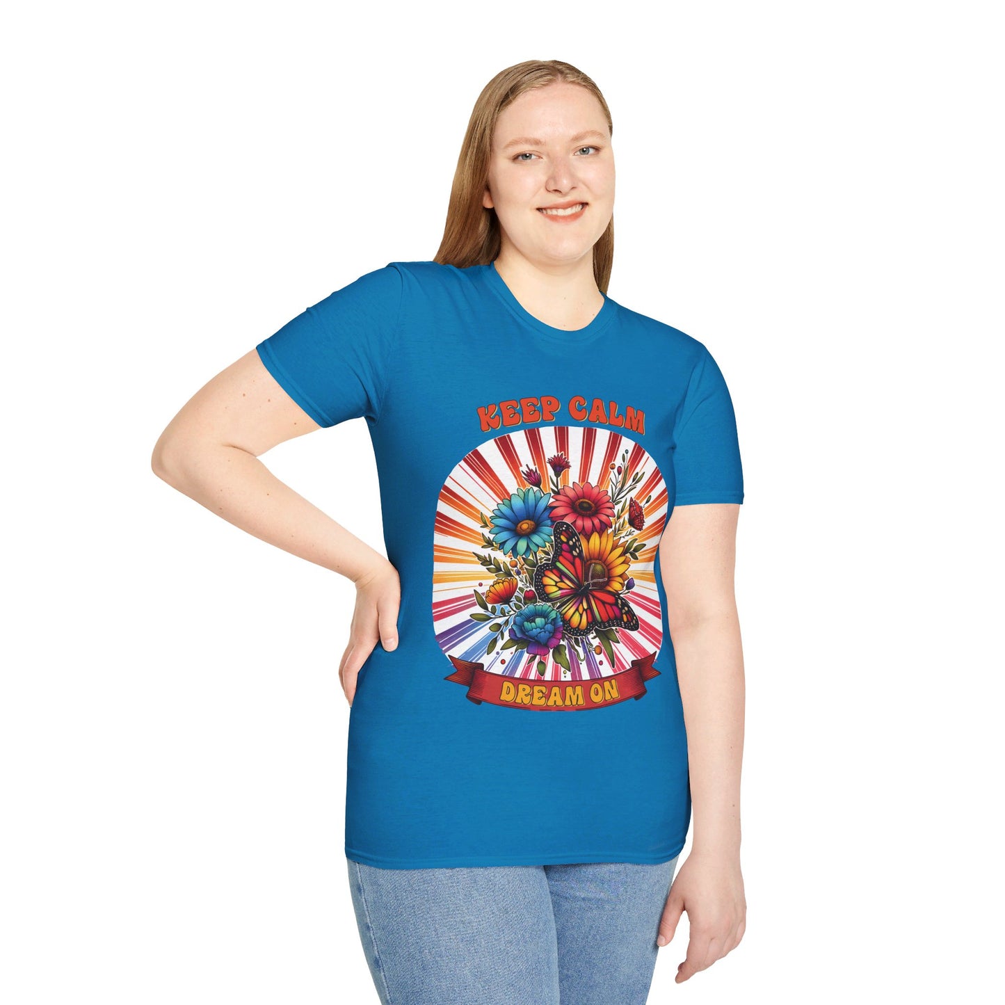KEEP CALM, DREAM ON. HIPPIE HUMOR. Cotton, Short Sleeve, Crew Neck Tee.