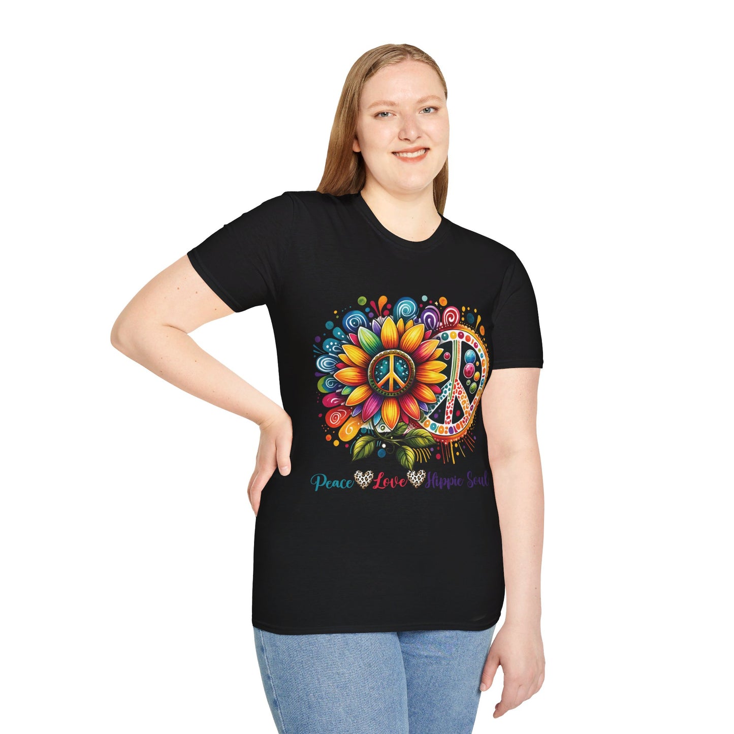 PEACE, LOVE, HIPPIE SOUL. Cotton, Short Sleeve, Crew Neck Tee.