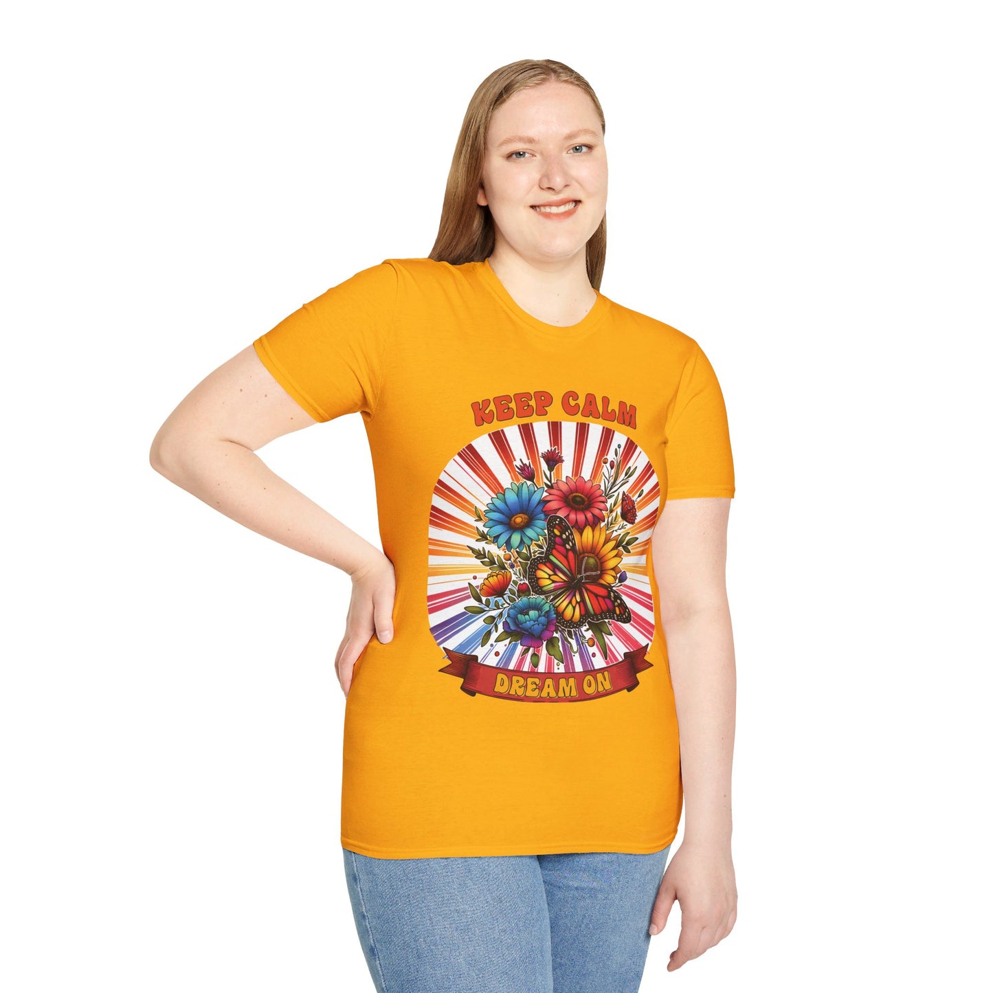 KEEP CALM, DREAM ON. HIPPIE HUMOR. Cotton, Short Sleeve, Crew Neck Tee.