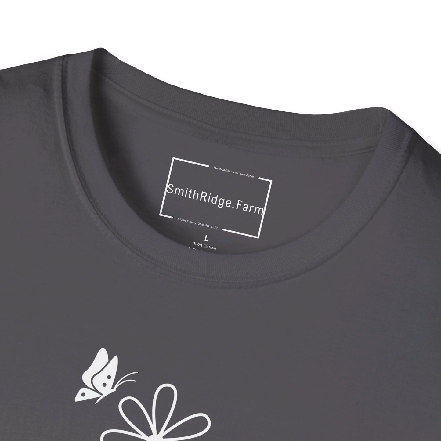 FAITH, HOPE, LOVE, FLOWERS. Cotton, Short Sleeve, Crew Neck Tee in Dark Colors.