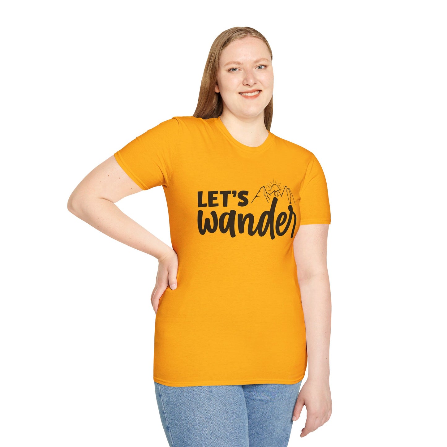 LET'S WANDER. HIKING HUMOR. Cotton, Short Sleeve, Crew Neck Tee.