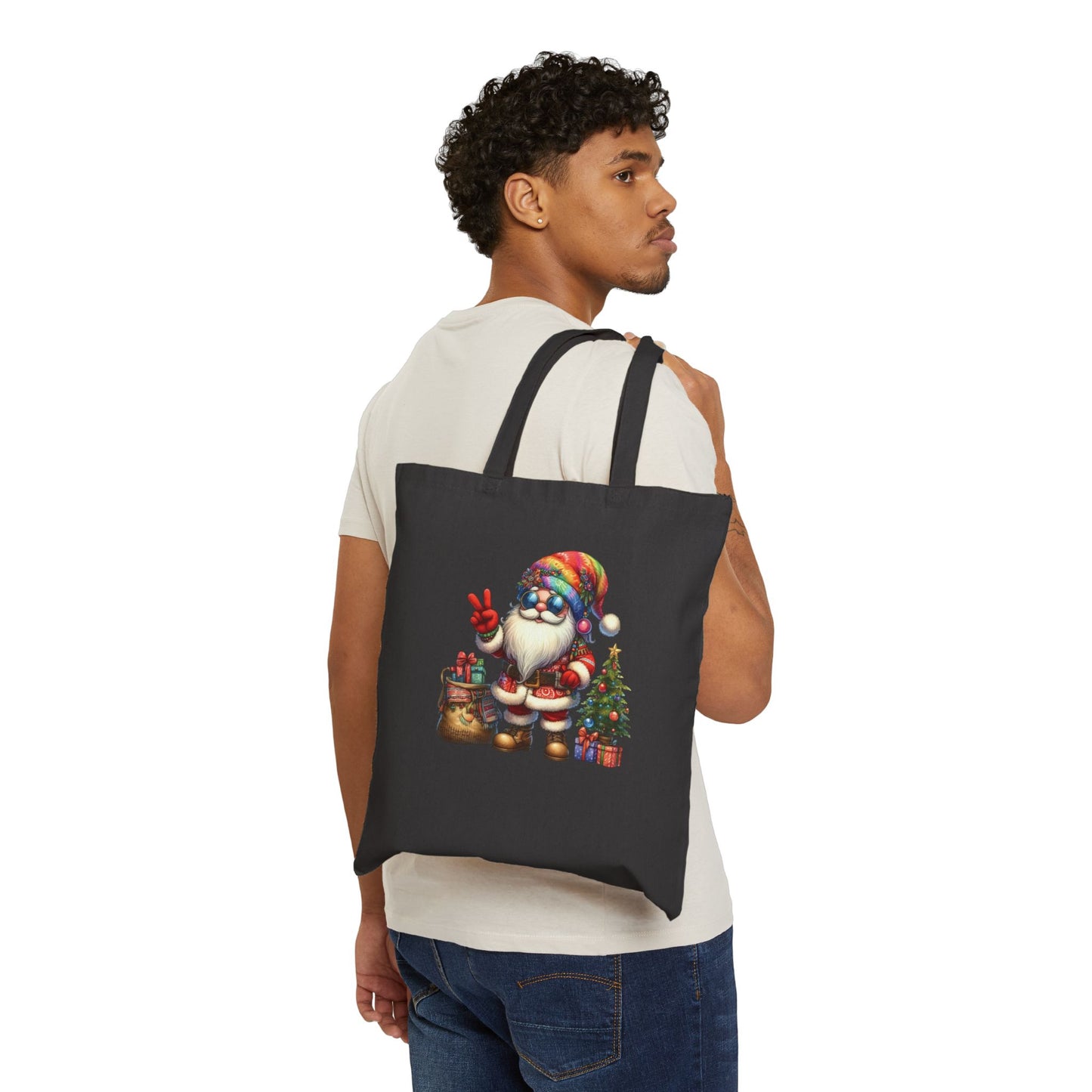 SANTA, CHRISTMAS GNOME. HIPPIE GNOME. Cotton Canvas Tote Bag in Black, or Natural.