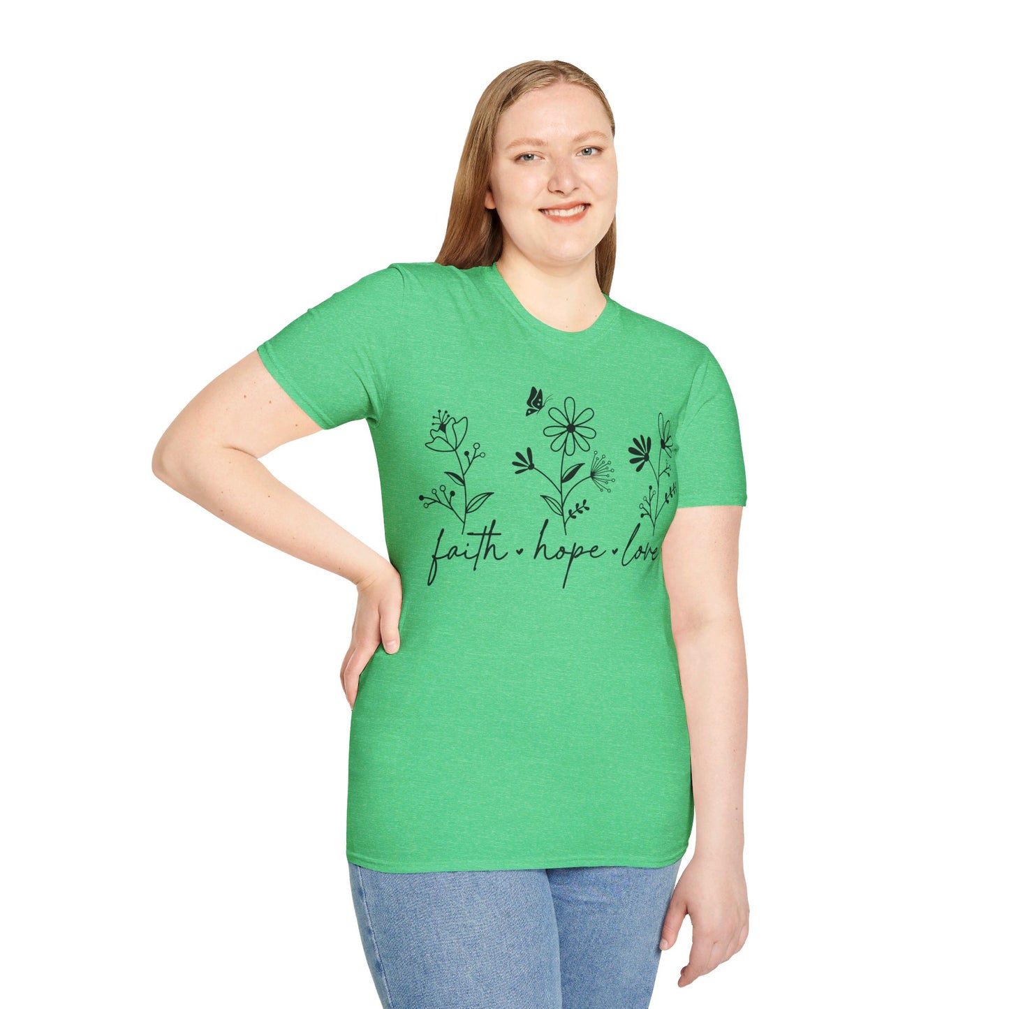FAITH, HOPE, LOVE, FLOWERS. Cotton, Short Sleeve, Crew Neck Tee in Light Colors.