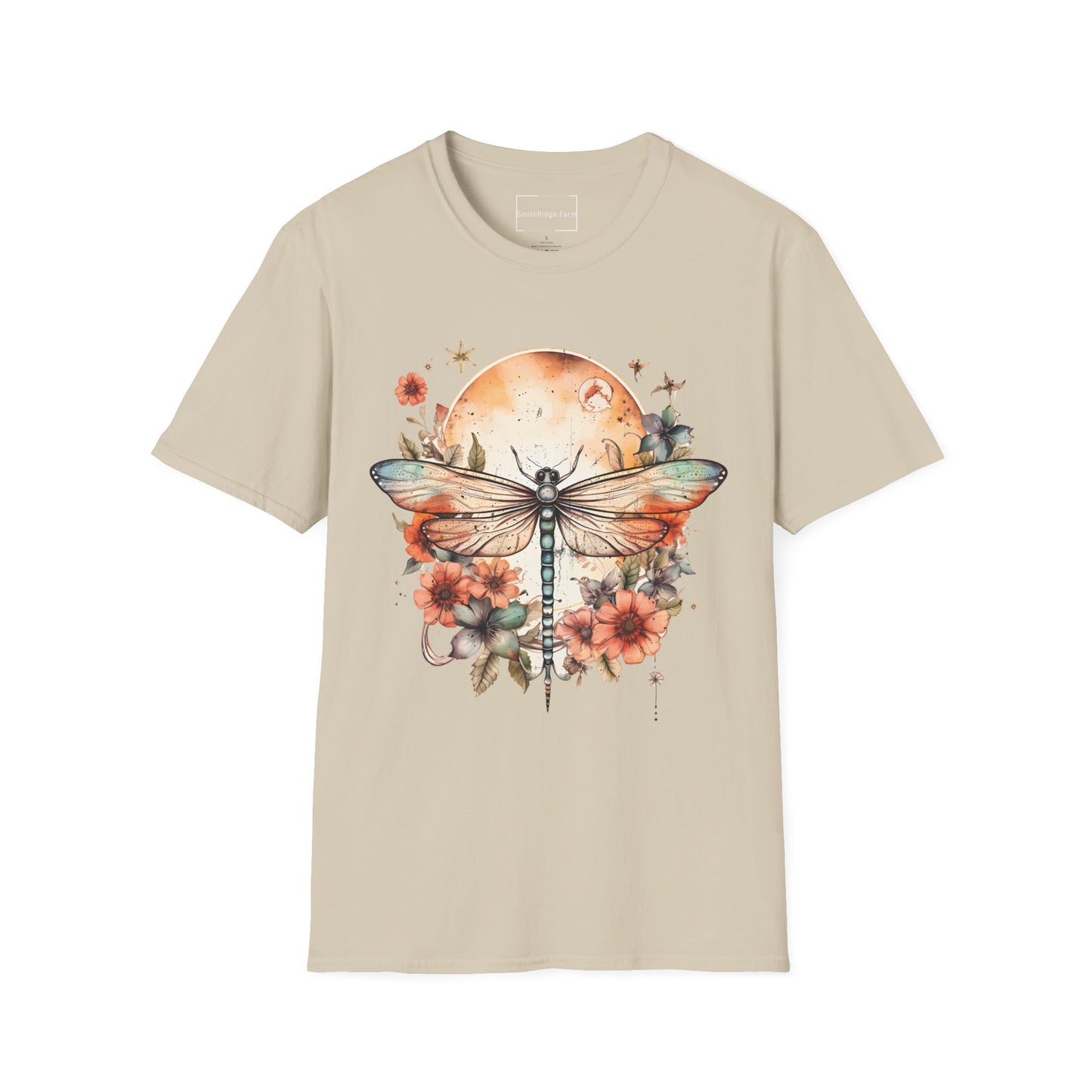 DRAGONFLY WITH FLOWERS. Cotton, Short Sleeve, Crew Neck Tee.