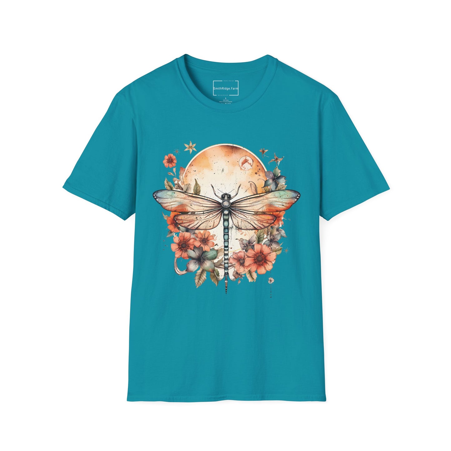 DRAGONFLY WITH FLOWERS. Cotton, Short Sleeve, Crew Neck Tee.