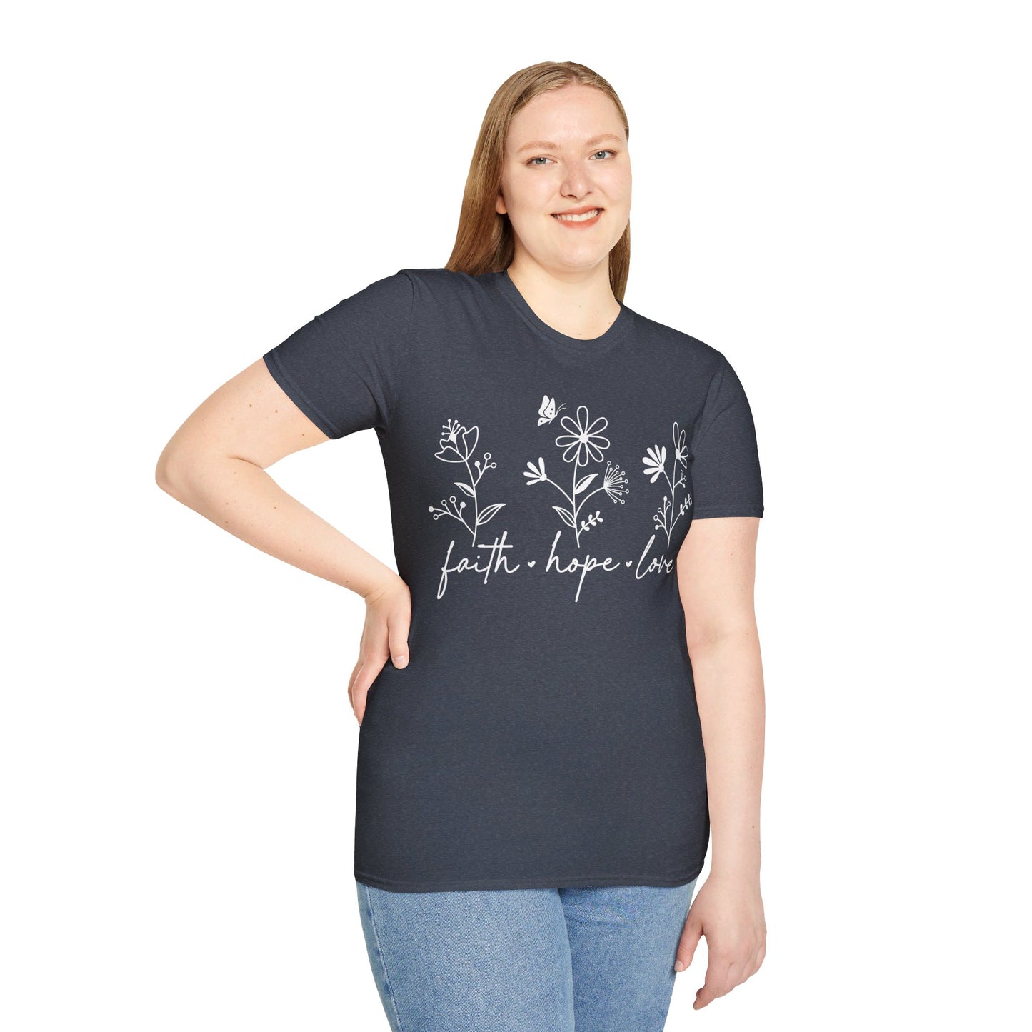 FAITH, HOPE, LOVE, FLOWERS. Cotton, Short Sleeve, Crew Neck Tee in Dark Colors.