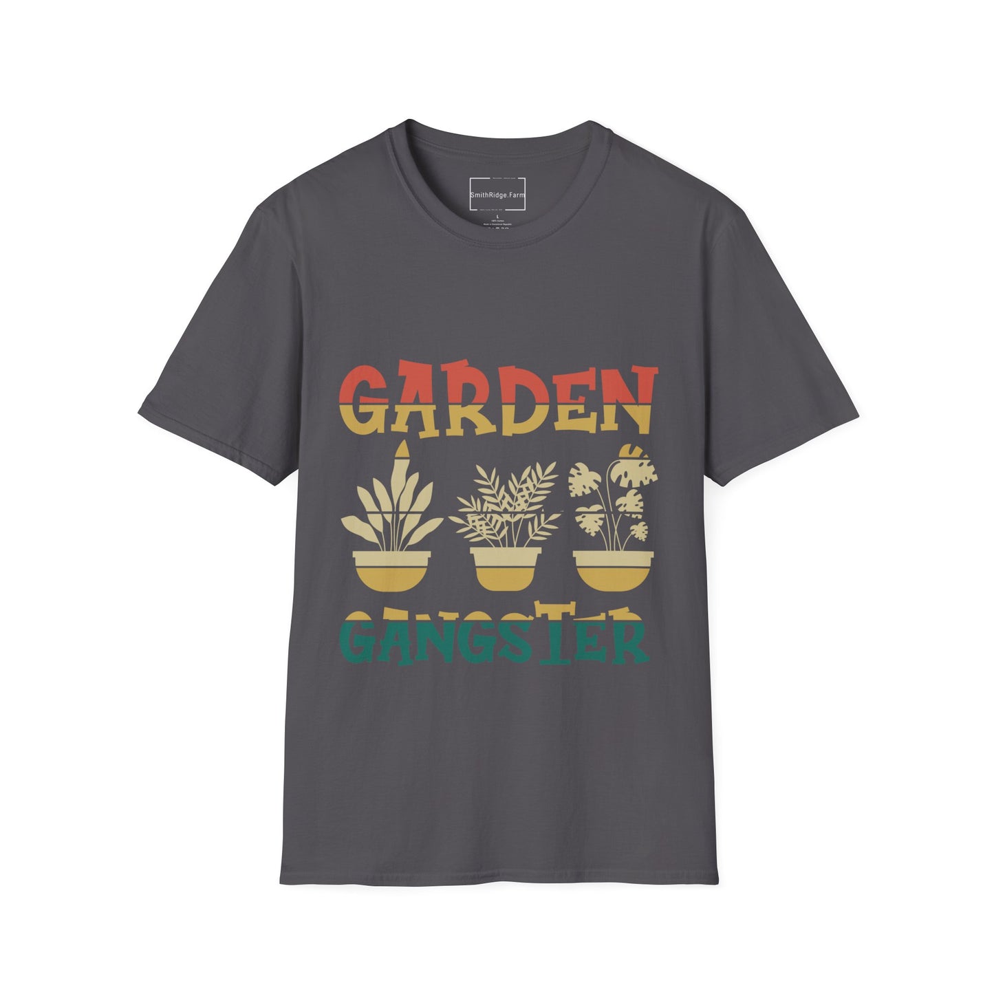 GARDEN GANGSTER. GARDENING HUMOR. Cotton, Short Sleeve, Crew Neck Tee.