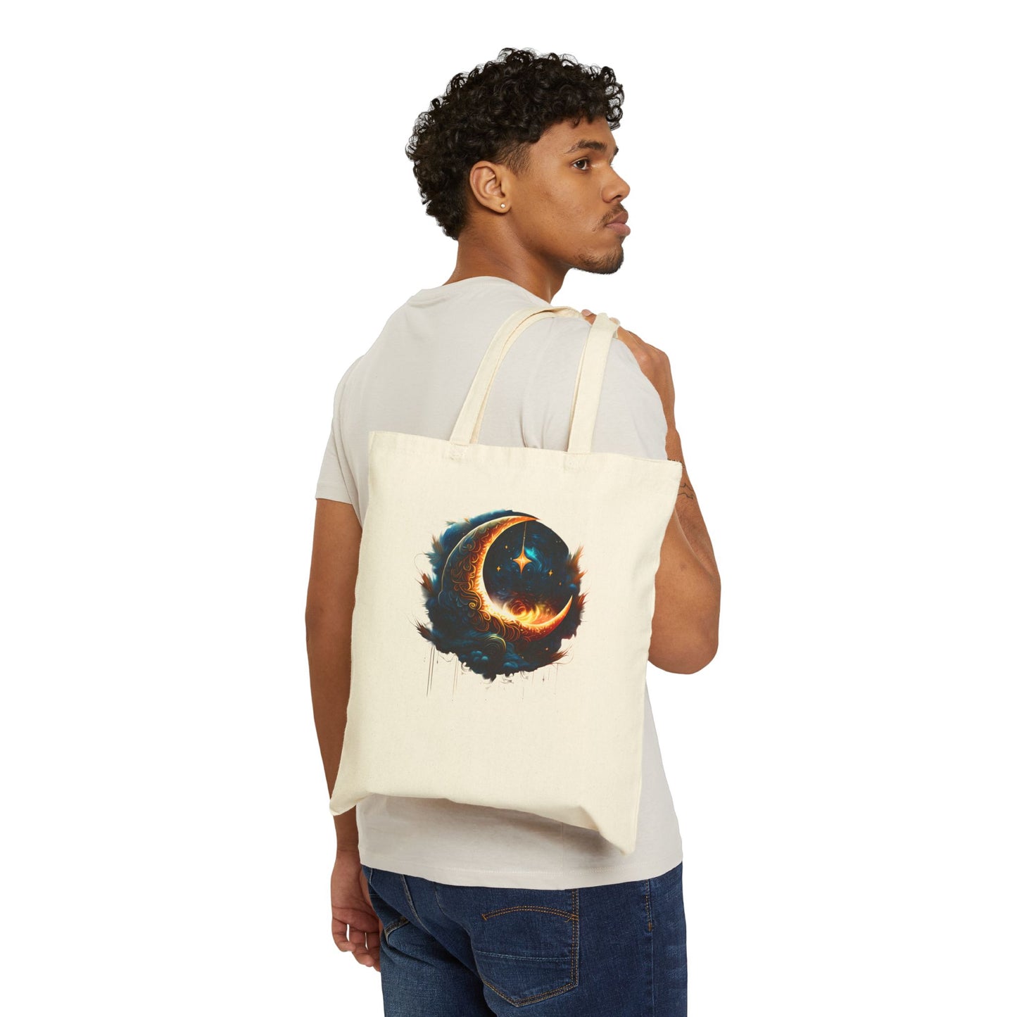 CELESTIAL, MYSTICAL MOON. Cotton Canvas Tote Bag in Natural.