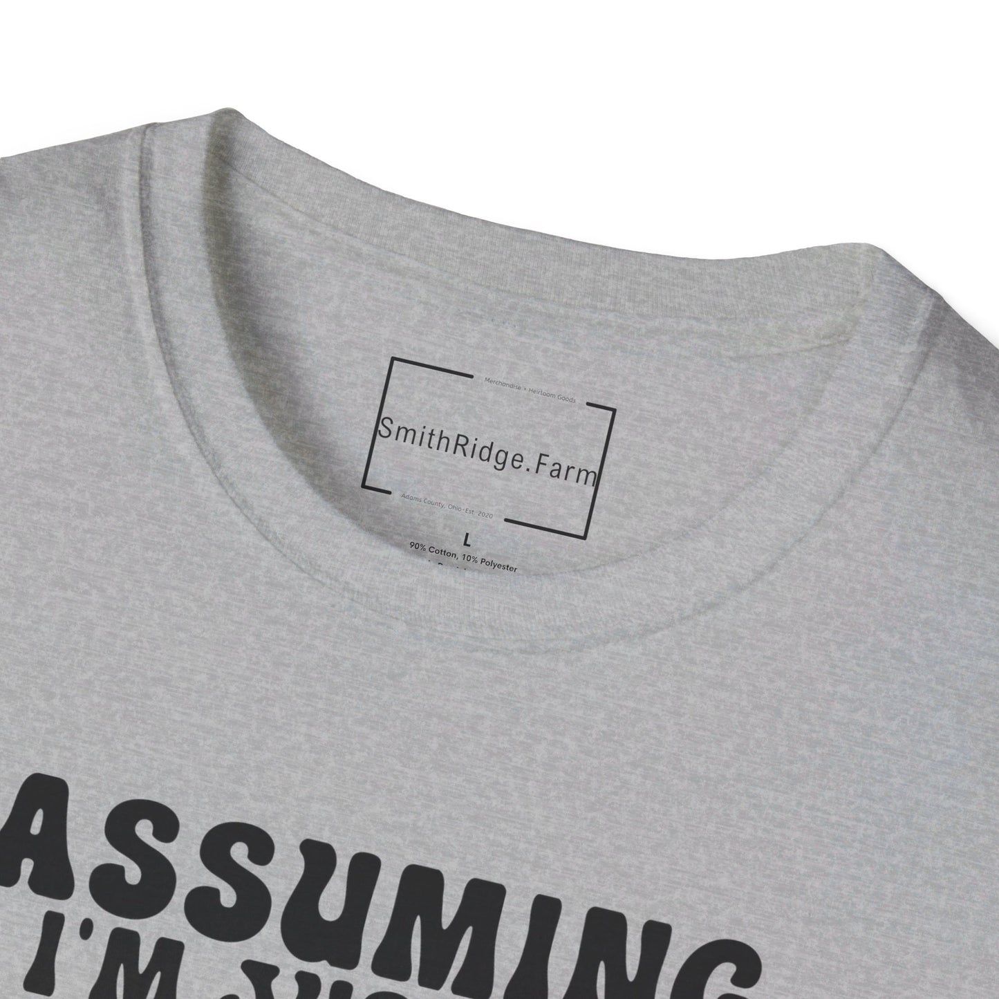 ASSUMING I'M JUST AN OLD LADY WAS YOUR FIRST MISTAKE. HIPPIE HUMOR. Cotton, Short Sleeve, Crew Neck Tee.