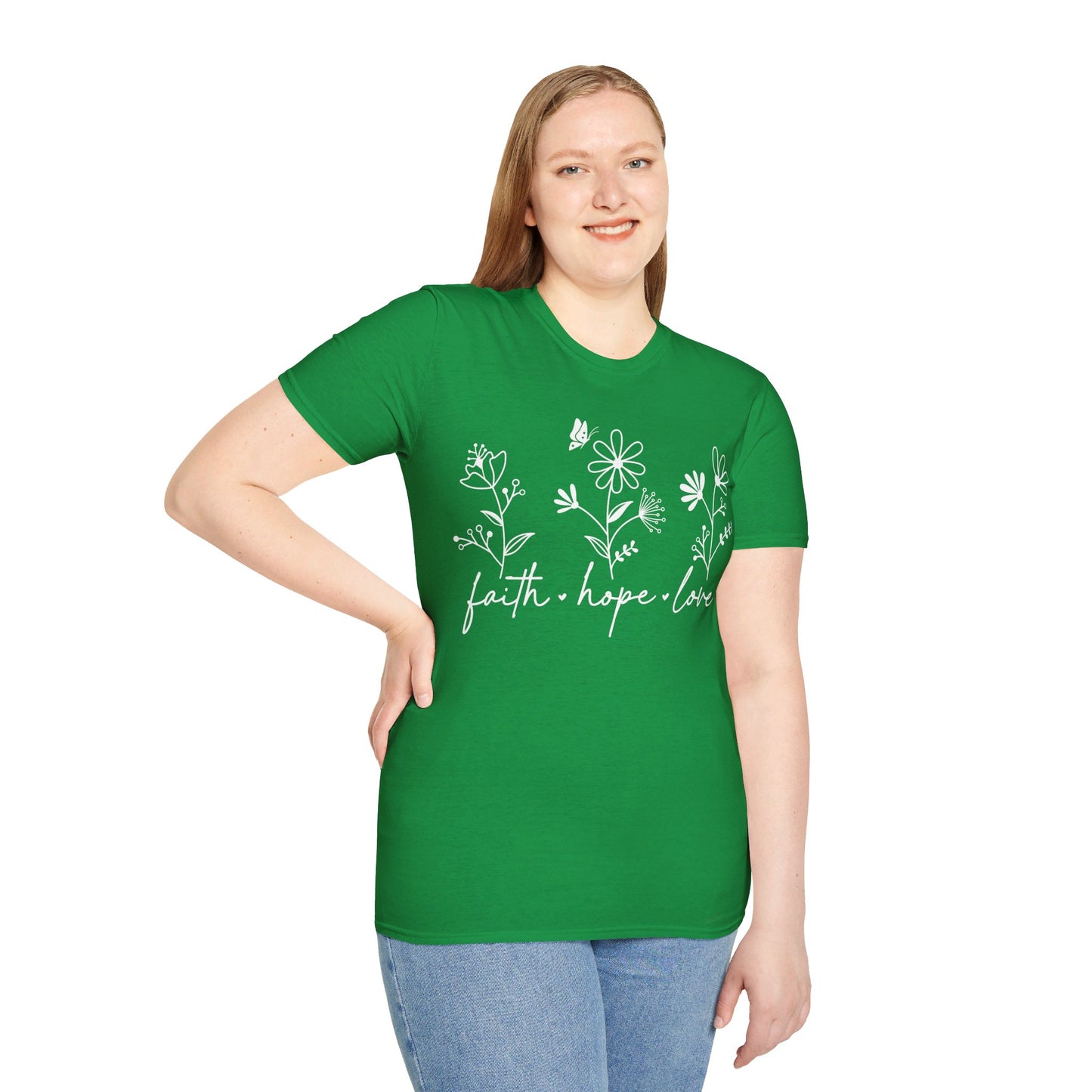 FAITH, HOPE, LOVE, FLOWERS. Cotton, Short Sleeve, Crew Neck Tee in Dark Colors.
