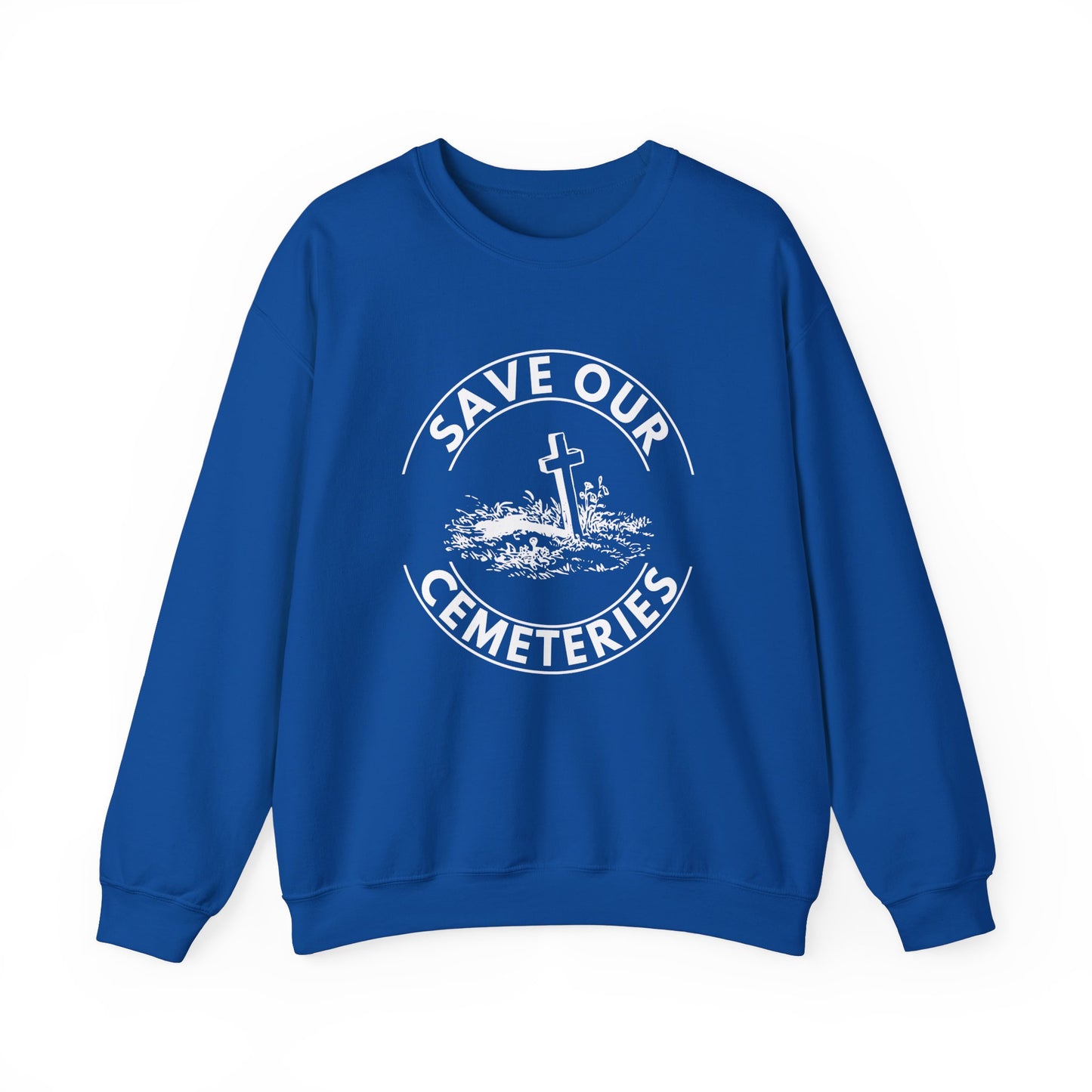 SAVE OUR CEMETERIES. Unisex Heavy Blend Crewneck Sweatshirt in Dark Colors.