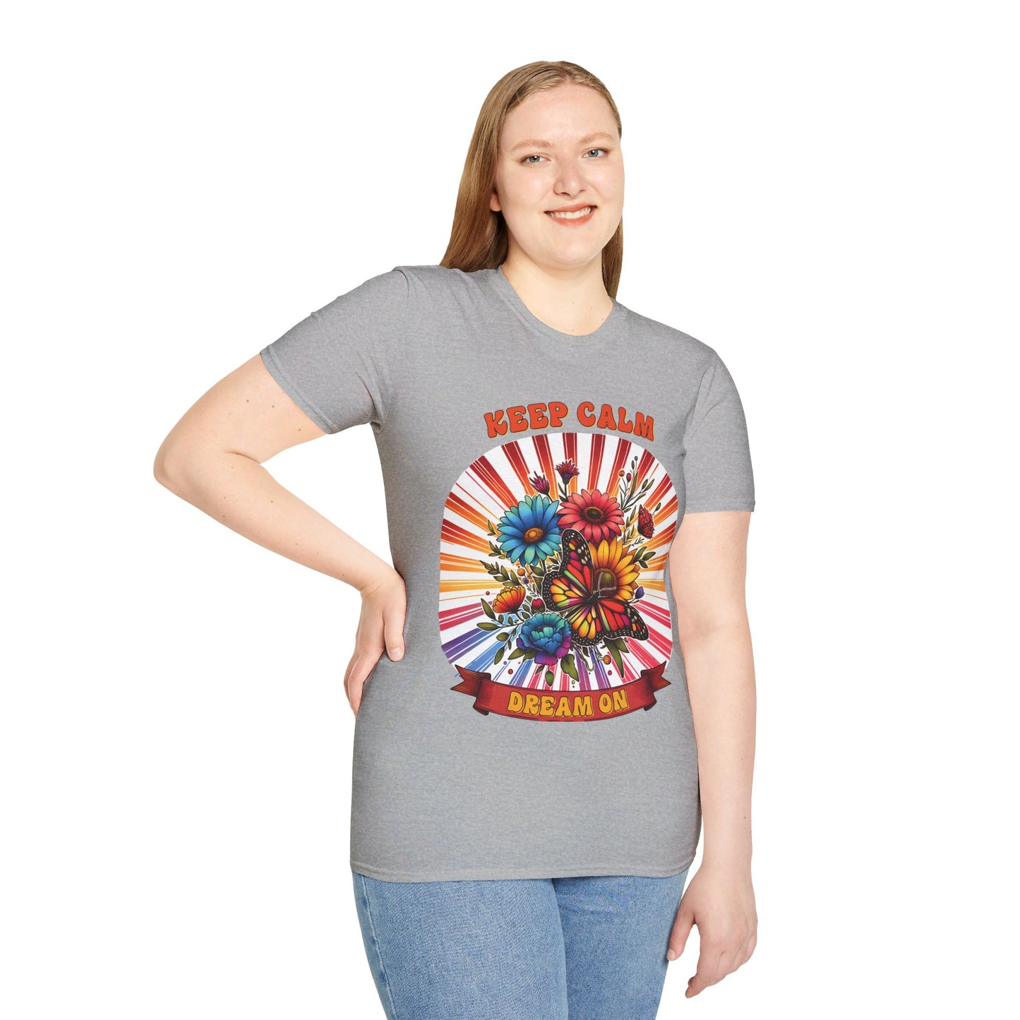 KEEP CALM, DREAM ON. HIPPIE HUMOR. Cotton, Short Sleeve, Crew Neck Tee.