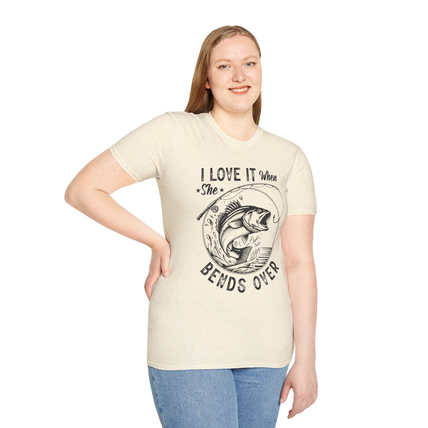 I LOVE IT WHEN SHE BENDS OVER. FISHING HUMOR. Cotton, Short Sleeve, Crew Neck Tee.