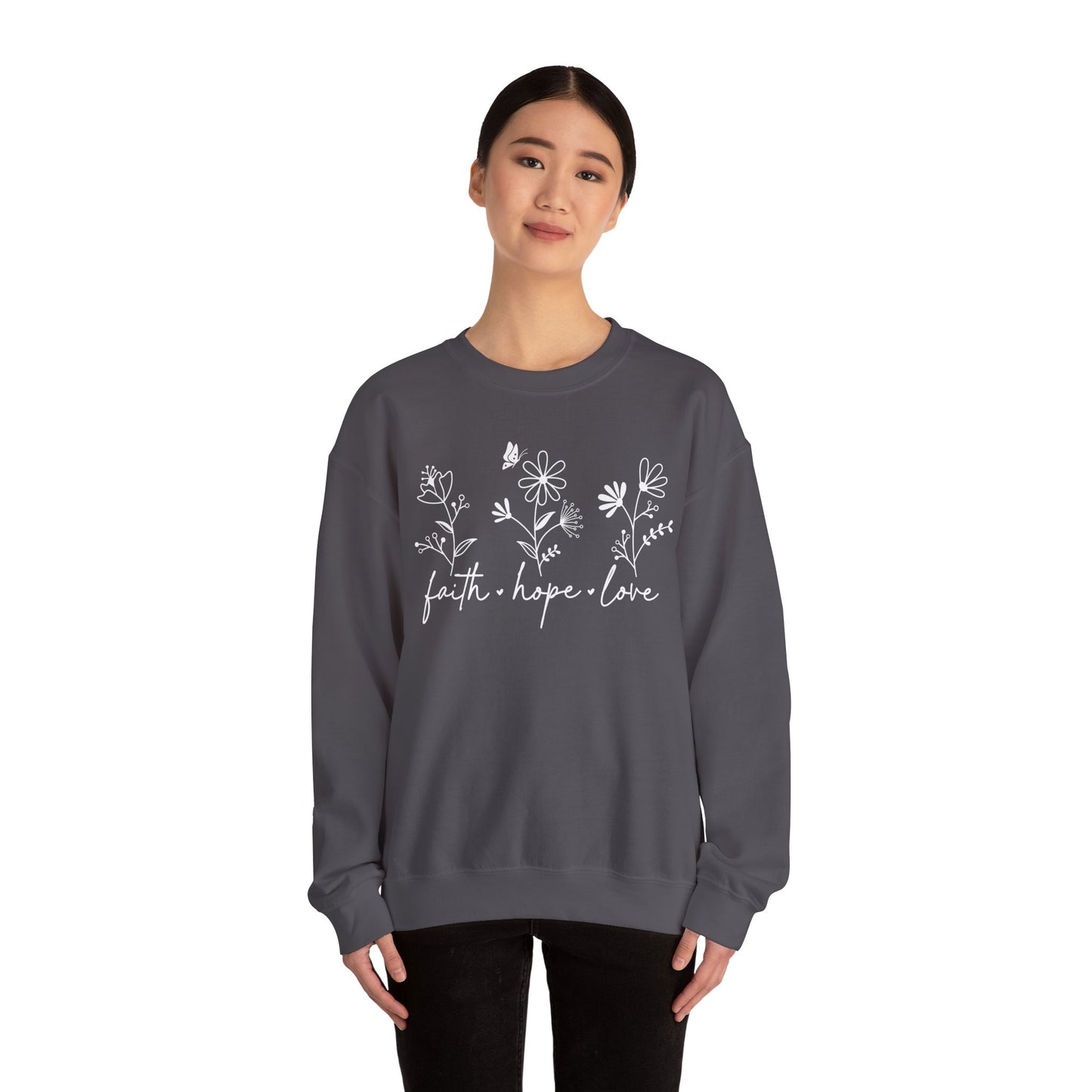 FAITH, HOPE, LOVE, FLOWERS. Unisex Heavy Blend Crewneck Sweatshirt.
