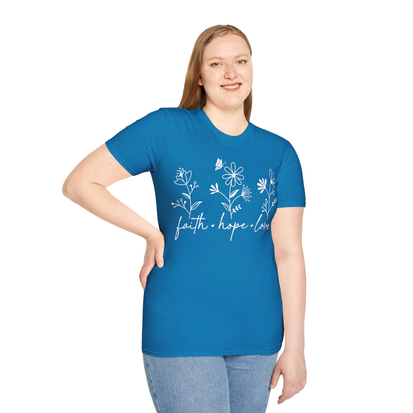 FAITH, HOPE, LOVE, FLOWERS. Cotton, Short Sleeve, Crew Neck Tee in Dark Colors.