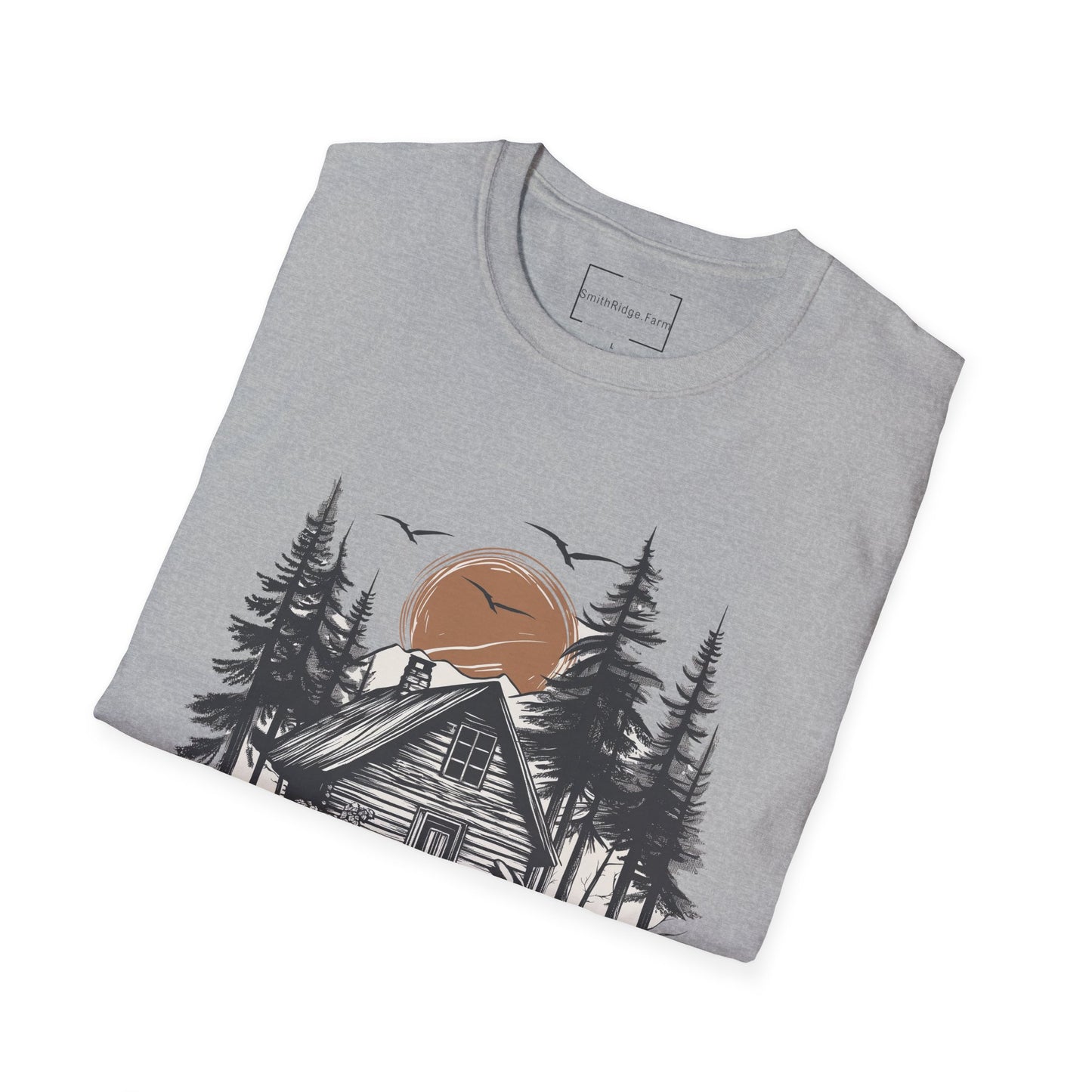 LIFE IS BETTER AROUND HERE. CABIN IN THE WOODS. Cotton, Short Sleeve, Crew Neck Tee.
