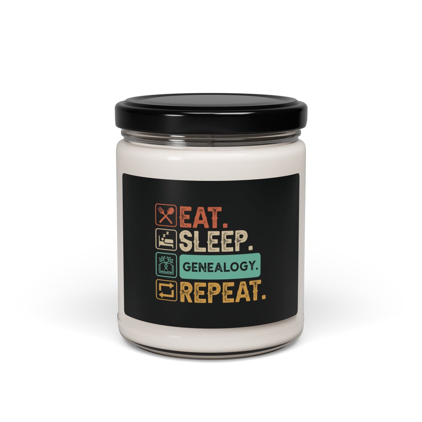 EAT. SLEEP. GENEALOGY. REPEAT. Soy Candle in 9oz Glass Jar, Scented or Unscented.