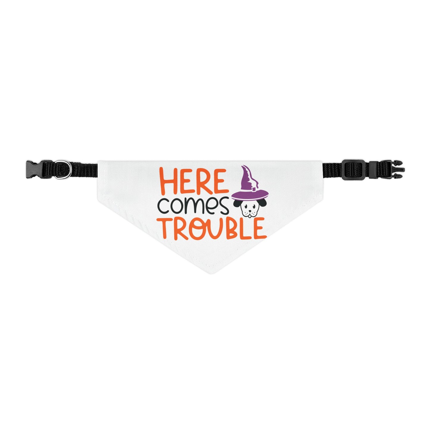HERE COMES THROUBLE. HALLOWEEN PET HUMOR. Pet Bandana Collar in Four Sizes.