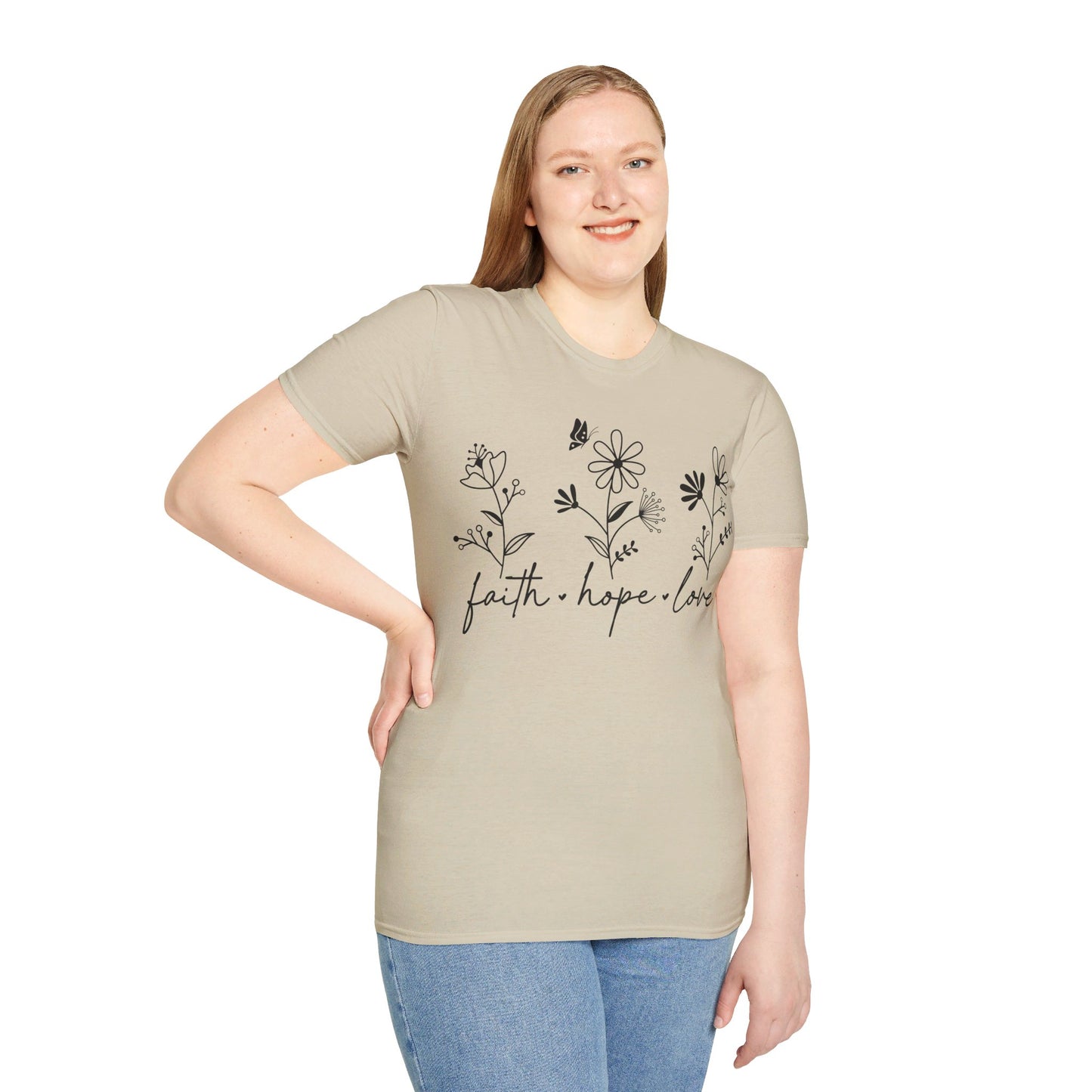 FAITH, HOPE, LOVE, FLOWERS. Cotton, Short Sleeve, Crew Neck Tee in Light Colors.