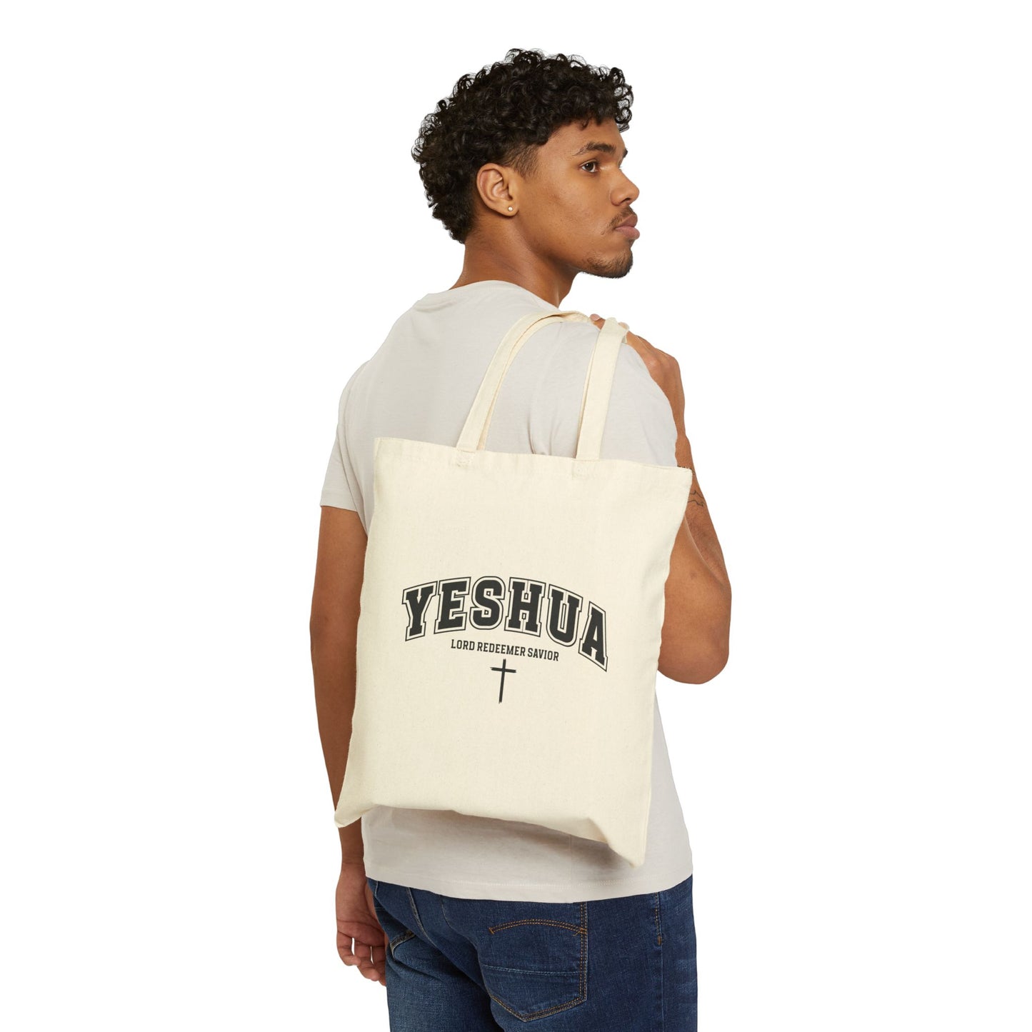 YESHUA, LORD, REDEEMER, SAVIOR. Cotton Canvas Tote Bag in Natural.