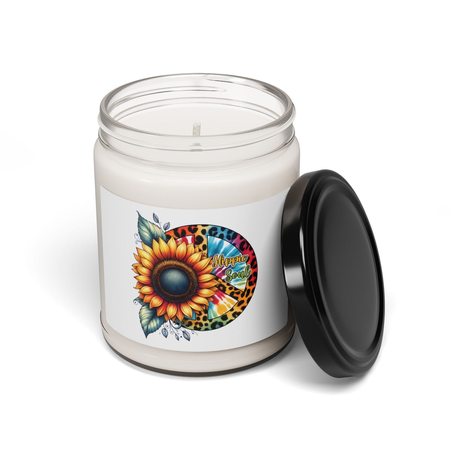 HIPPIE SOUL, SUNFLOWER, PEACE SYMBOL. Soy Candle in 9oz Glass Jar, Scented or Unscented.