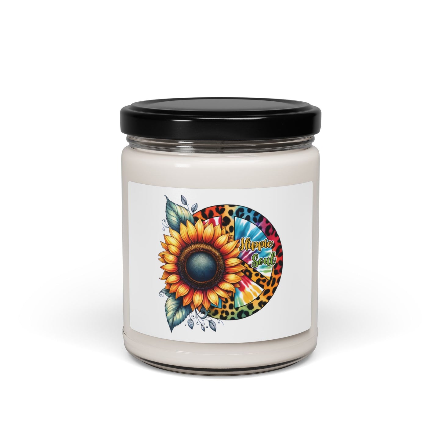 HIPPIE SOUL, SUNFLOWER, PEACE SYMBOL. Soy Candle in 9oz Glass Jar, Scented or Unscented.