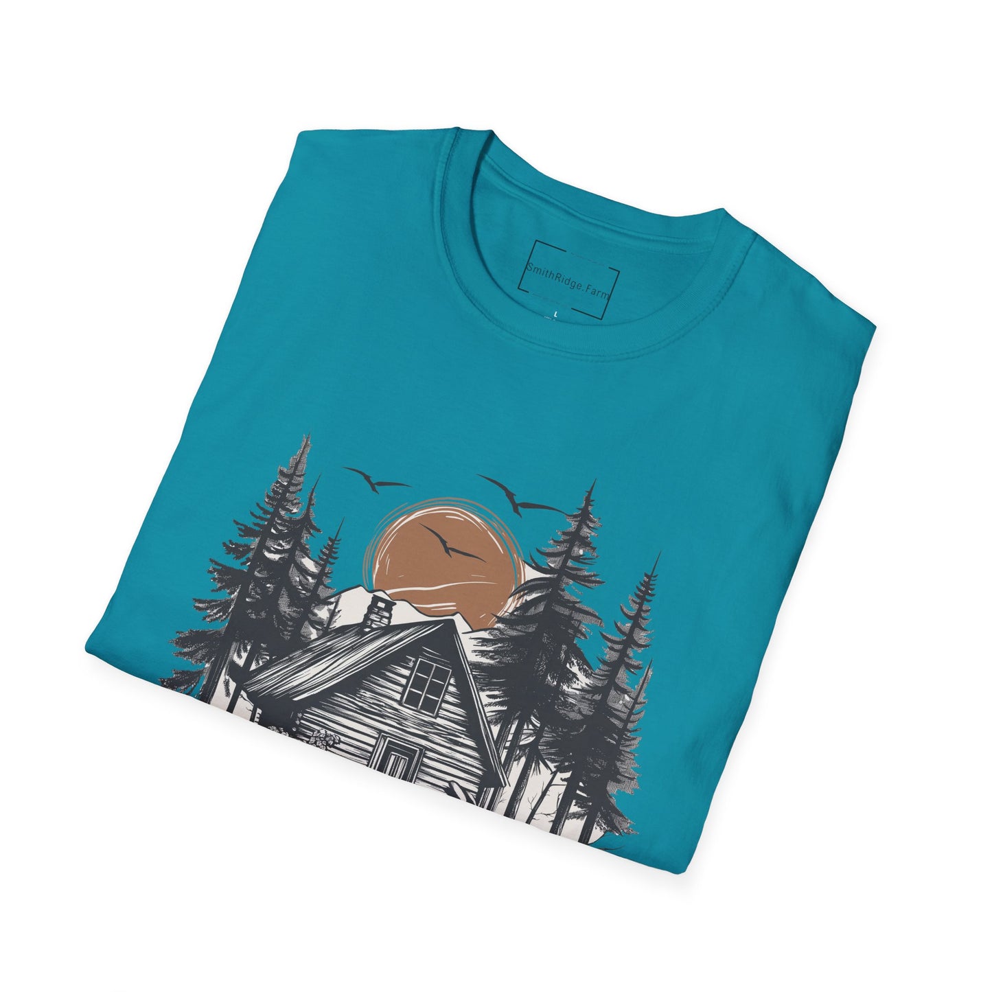 LIFE IS BETTER AROUND HERE. CABIN IN THE WOODS. Cotton, Short Sleeve, Crew Neck Tee.