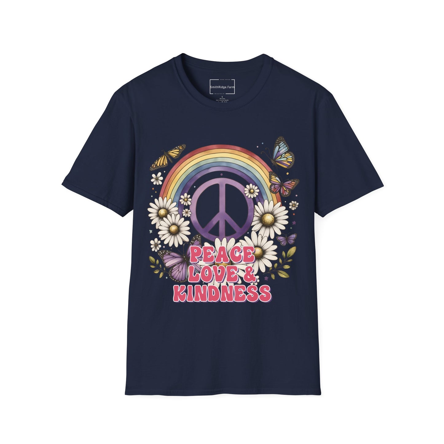 PEACE, LOVE, AND KINDNESS. Cotton, Short Sleeve, Crew Neck Tee.