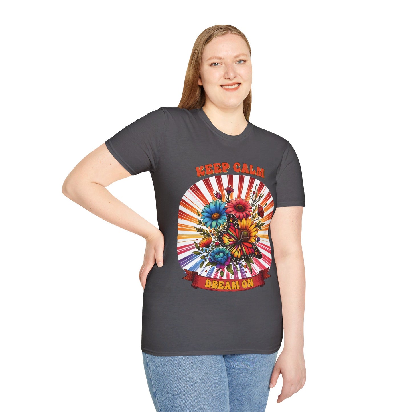 KEEP CALM, DREAM ON. HIPPIE HUMOR. Cotton, Short Sleeve, Crew Neck Tee.