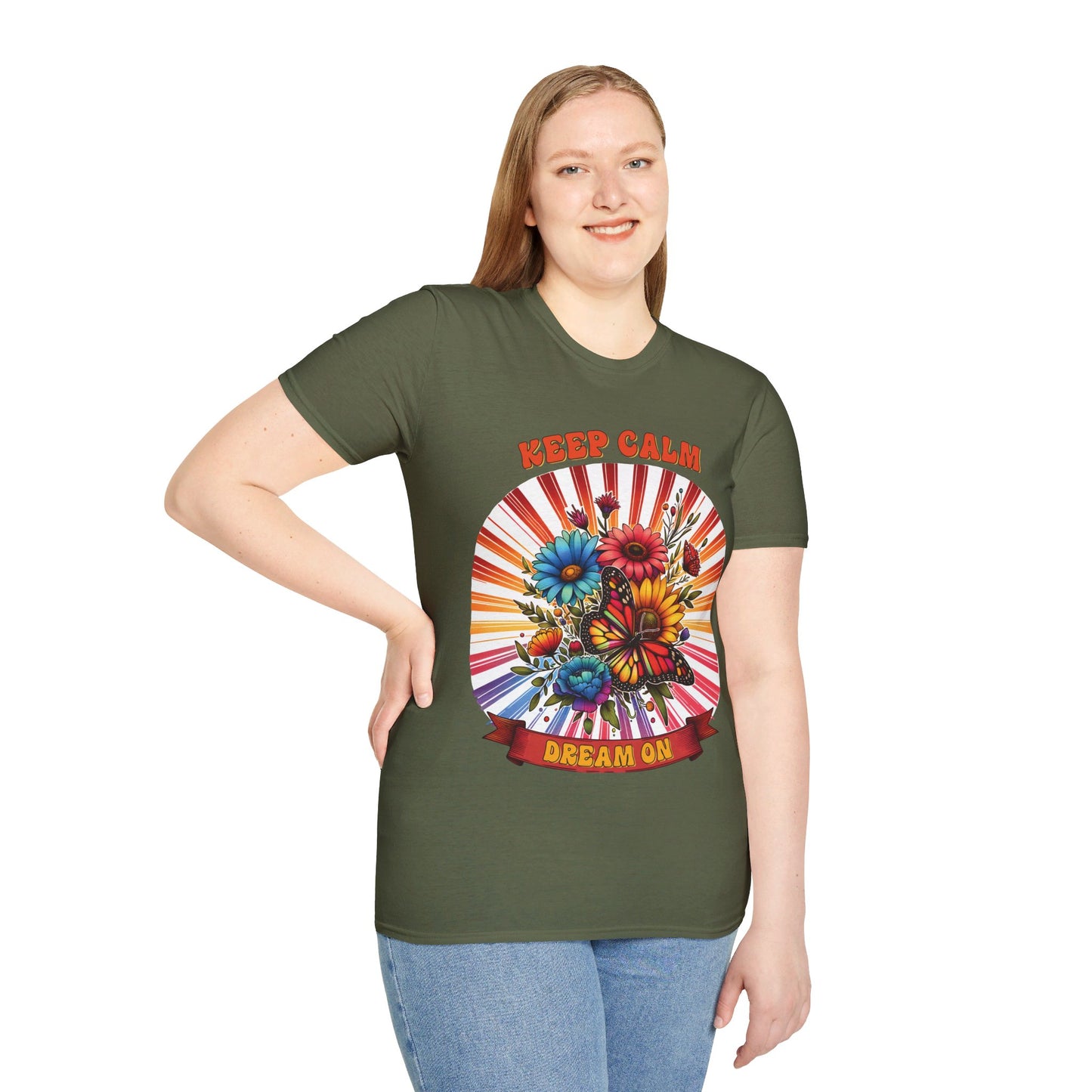 KEEP CALM, DREAM ON. HIPPIE HUMOR. Cotton, Short Sleeve, Crew Neck Tee.