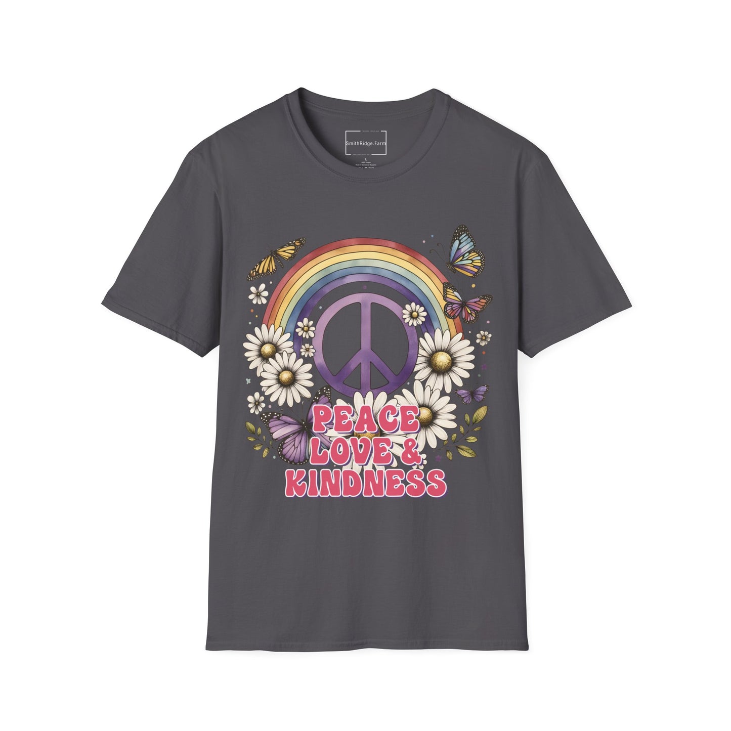PEACE, LOVE, AND KINDNESS. Cotton, Short Sleeve, Crew Neck Tee.