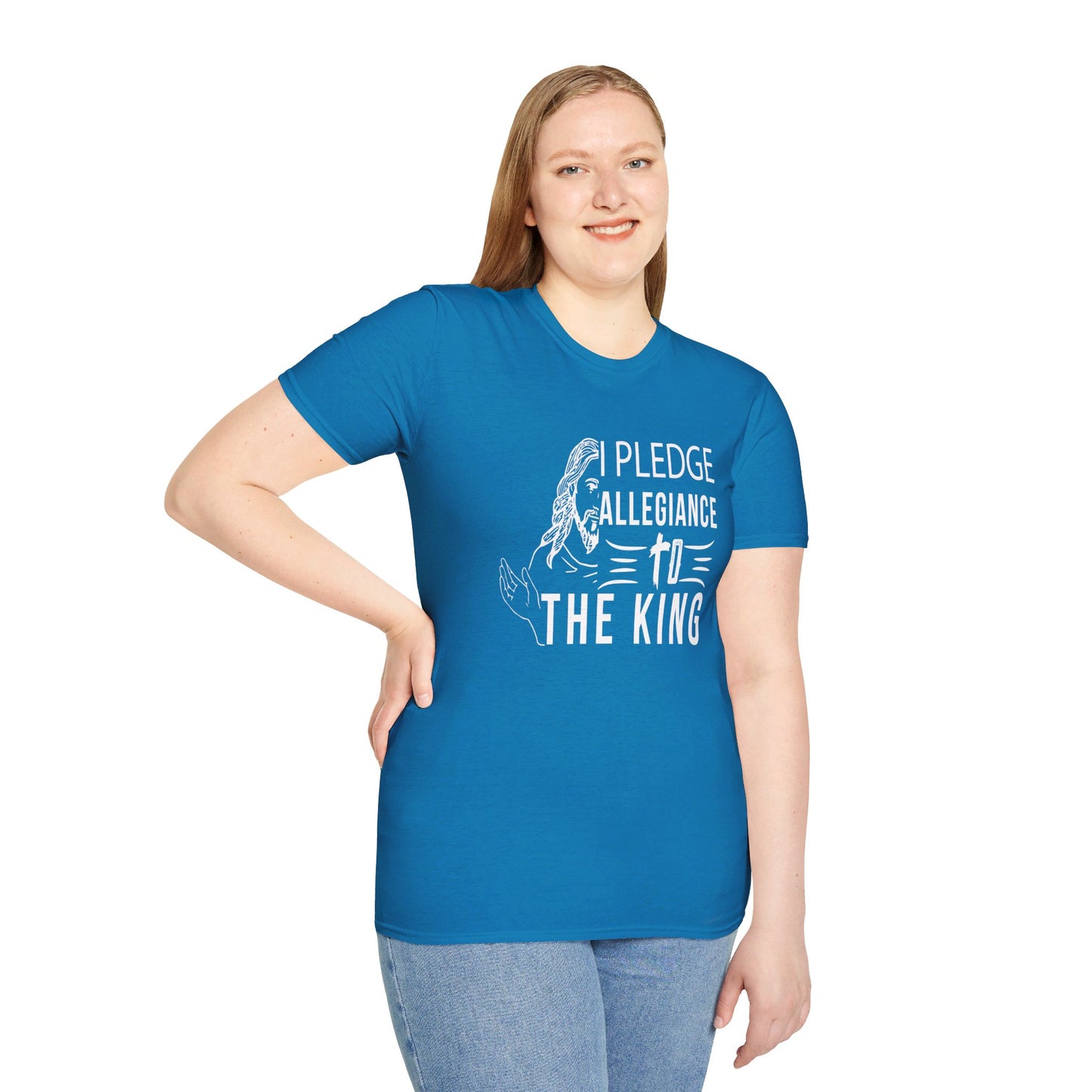 PLEDGE ALLEGIANCE TO THE KING. KING JESUS. Cotton, Short Sleeve, Crew Neck Tee.