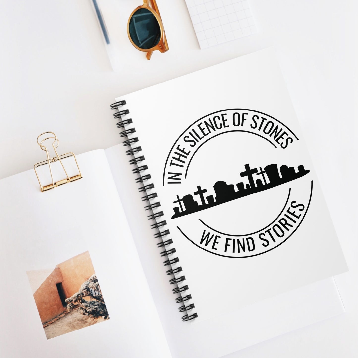 IN THE SILENCE OF STONES WE FIND STORIES. Spiral Notebook, Ruled Line, Diary, Journal.