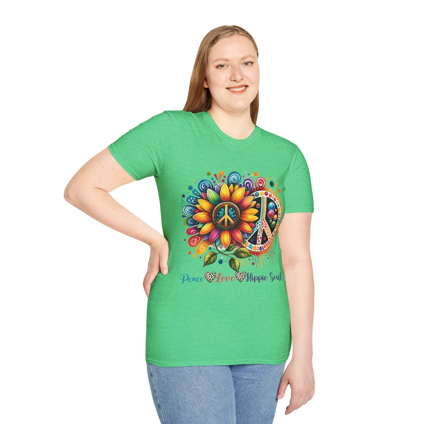 PEACE, LOVE, HIPPIE SOUL. Cotton, Short Sleeve, Crew Neck Tee.