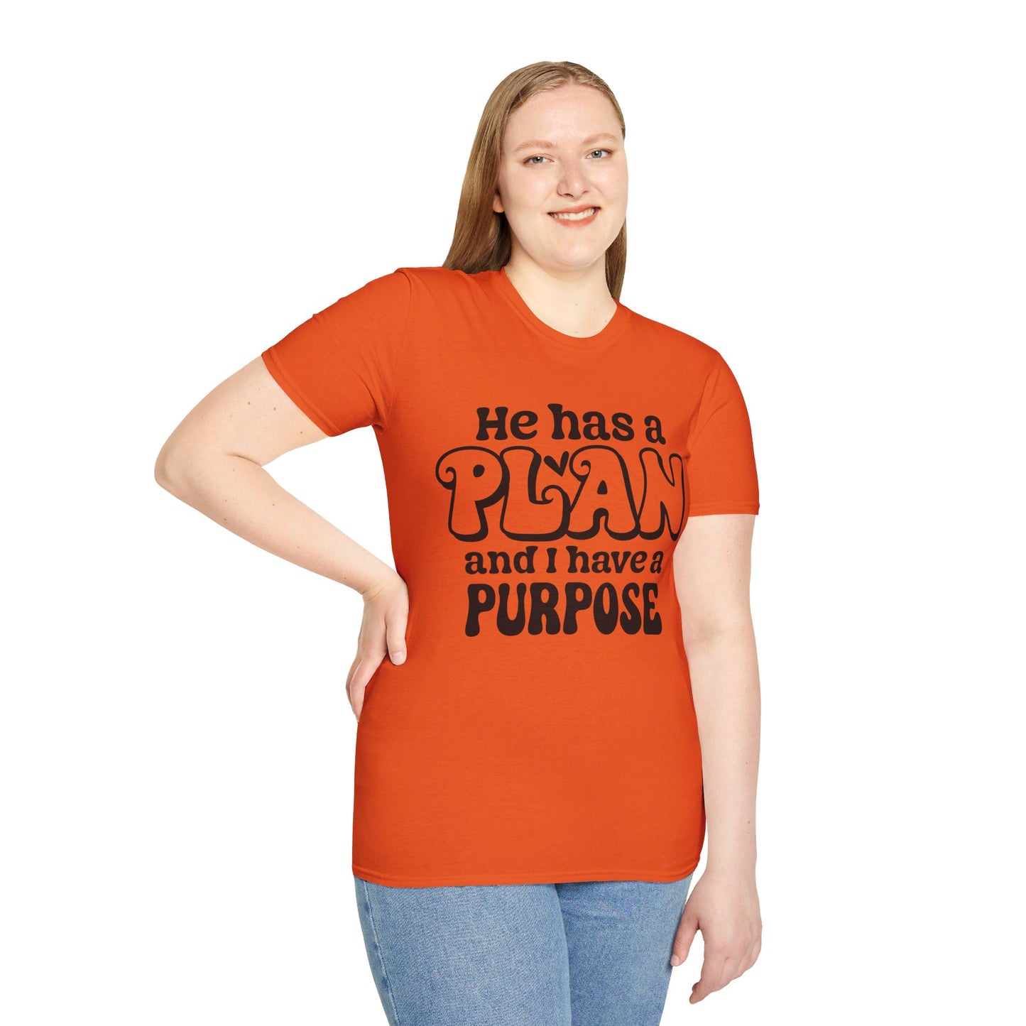 HE HAS A PLAN AND I HAVE A PURPOSE. Cotton, Short Sleeve, Crew Neck Tee.