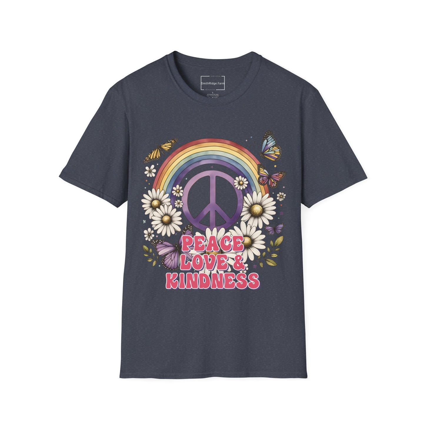 PEACE, LOVE, AND KINDNESS. Cotton, Short Sleeve, Crew Neck Tee.